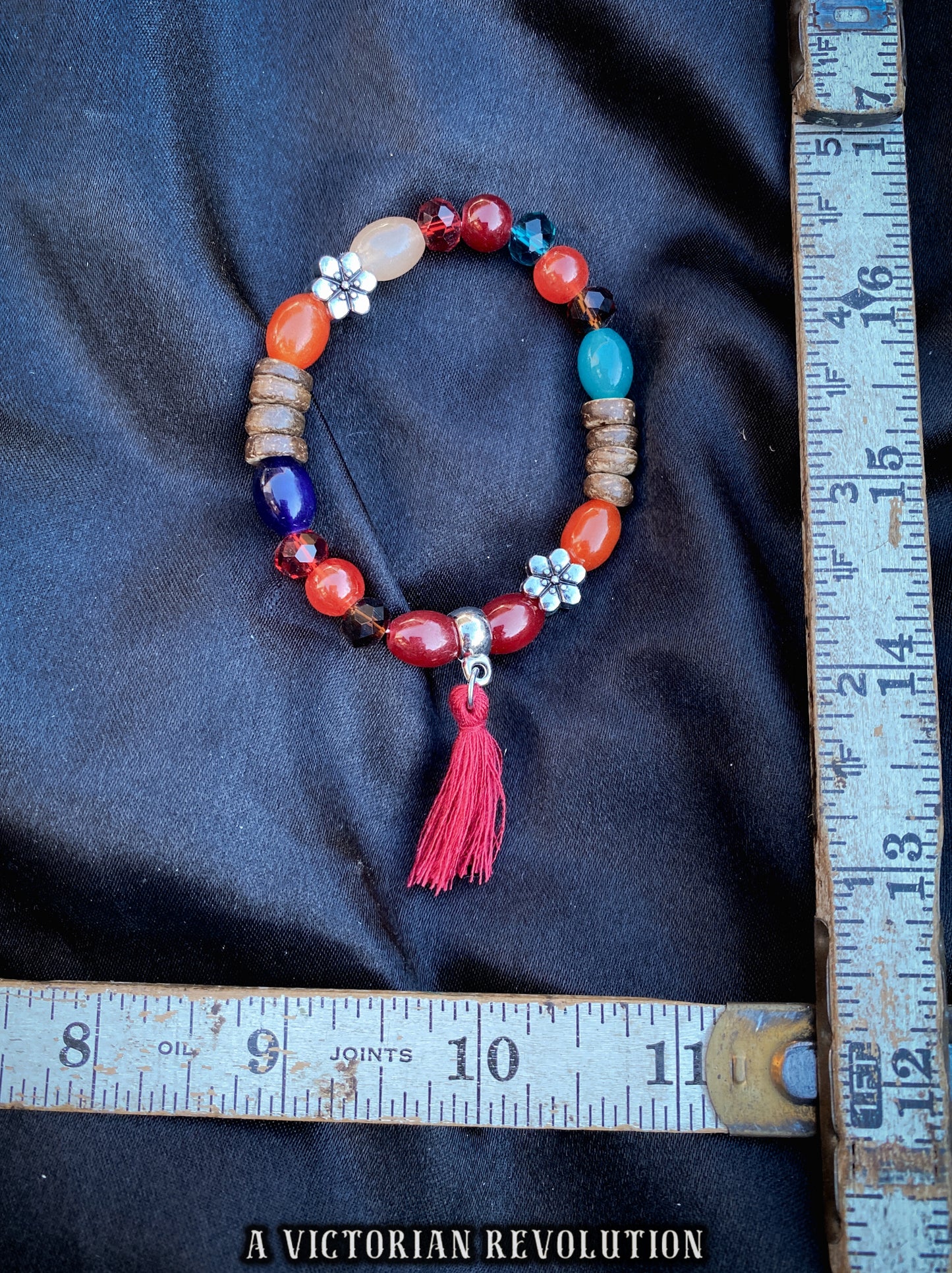 Red Tassel Beaded Bracelet, Funky Boho Charm Bracelet