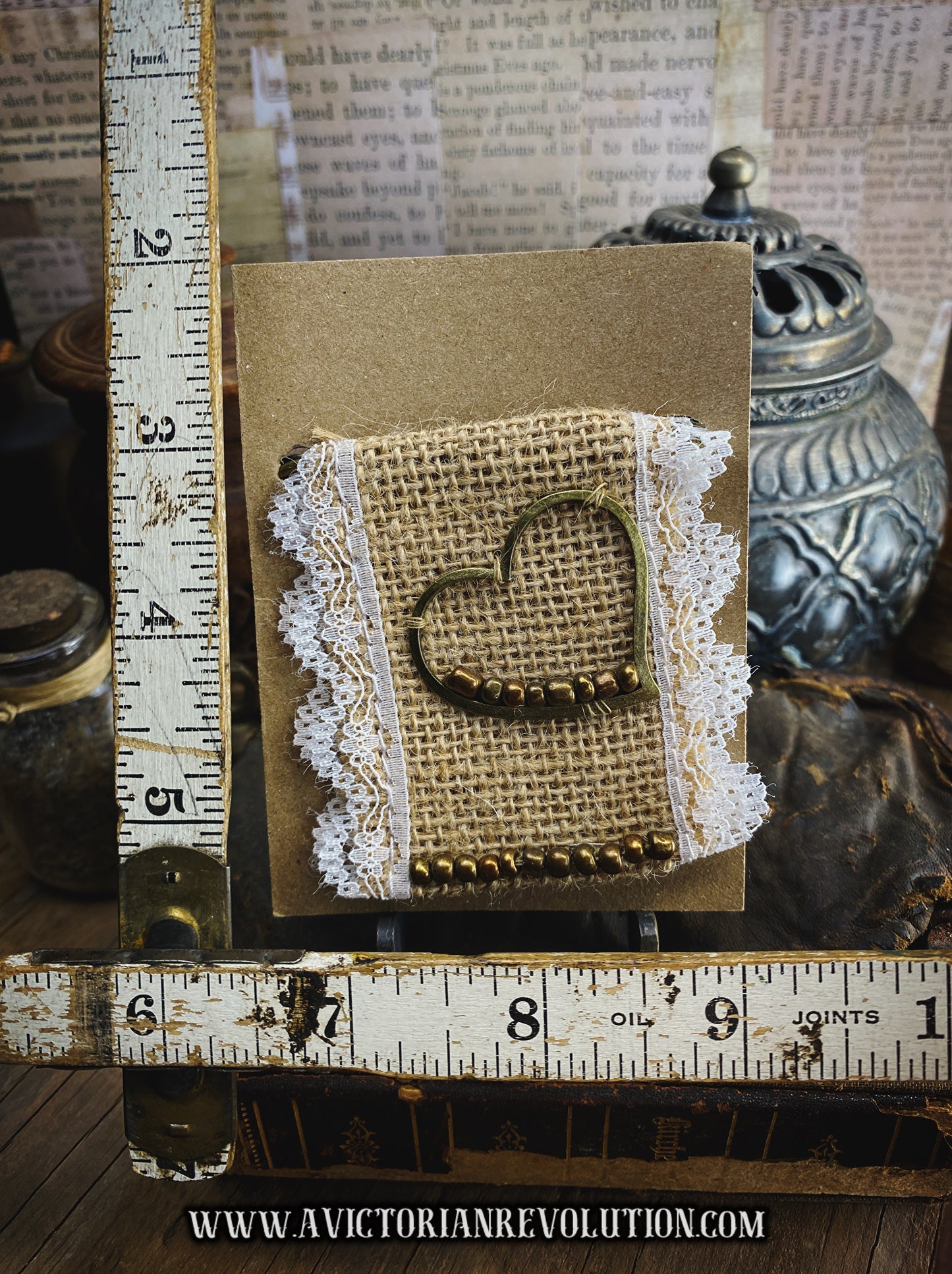 Handmade Kilt Pin - Heart and Bead Detail - Burlap and Lace - Mixed Metals - Vintage Inspired