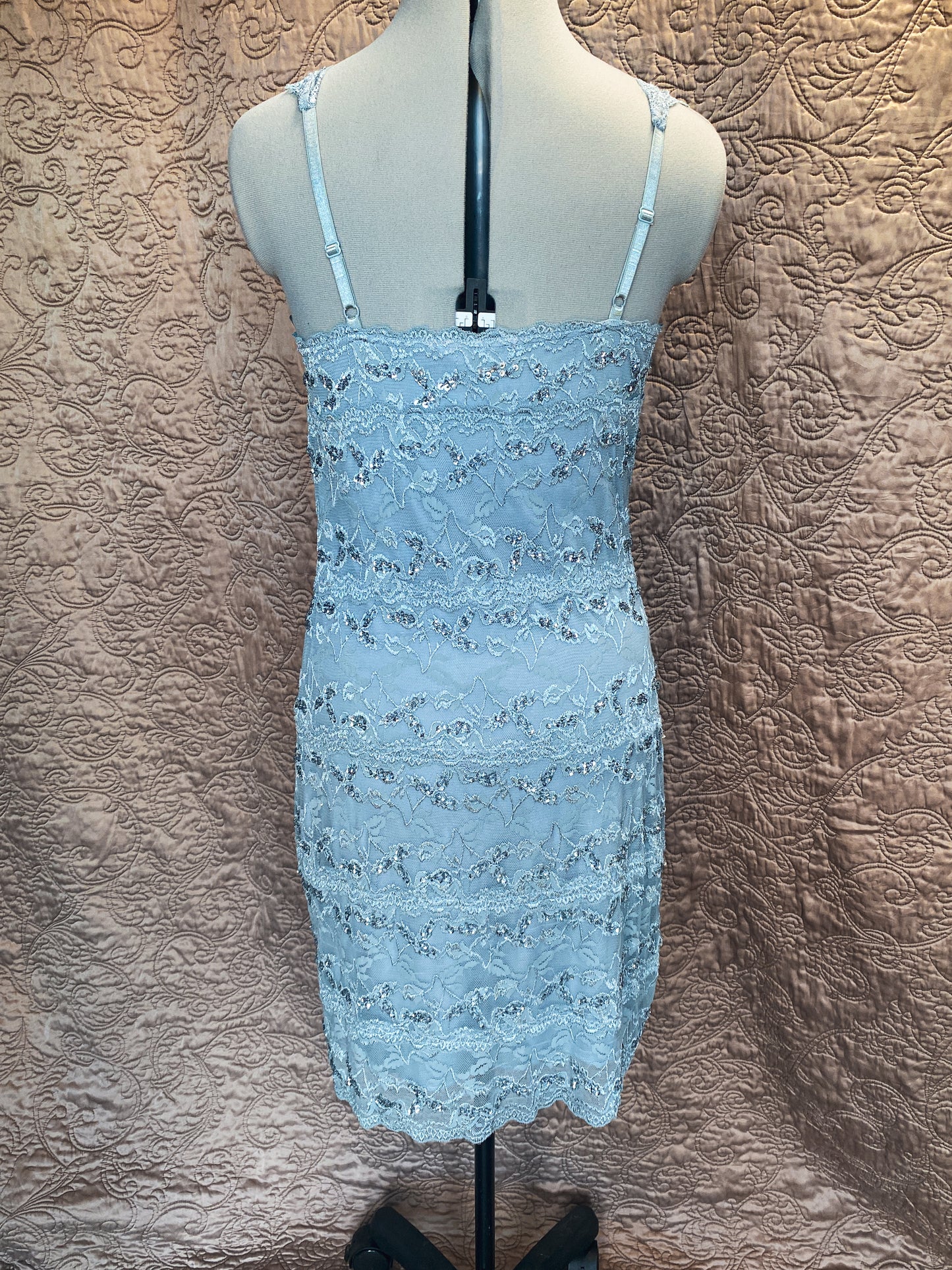 Light Blue Lace Sequin Sheath Mini Dress - V-Neck, Adjustable Straps, Stretchy - Y2K, Vintage Arden B - Size 12