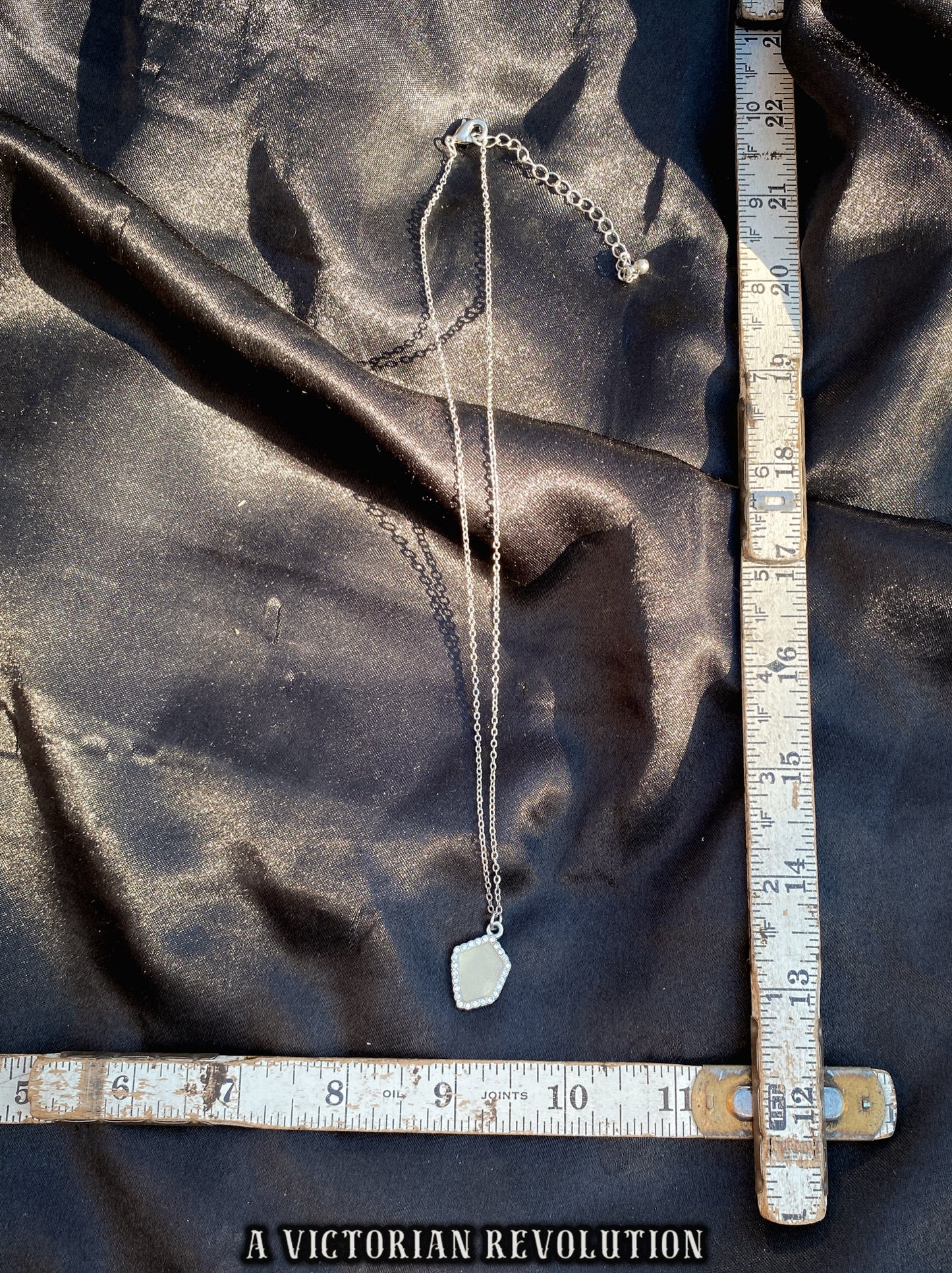 Silver Shield Pendant Necklace - Faux Stone - Rhinestone Border - Geometric Minimalist Style - Silver Tone Chain