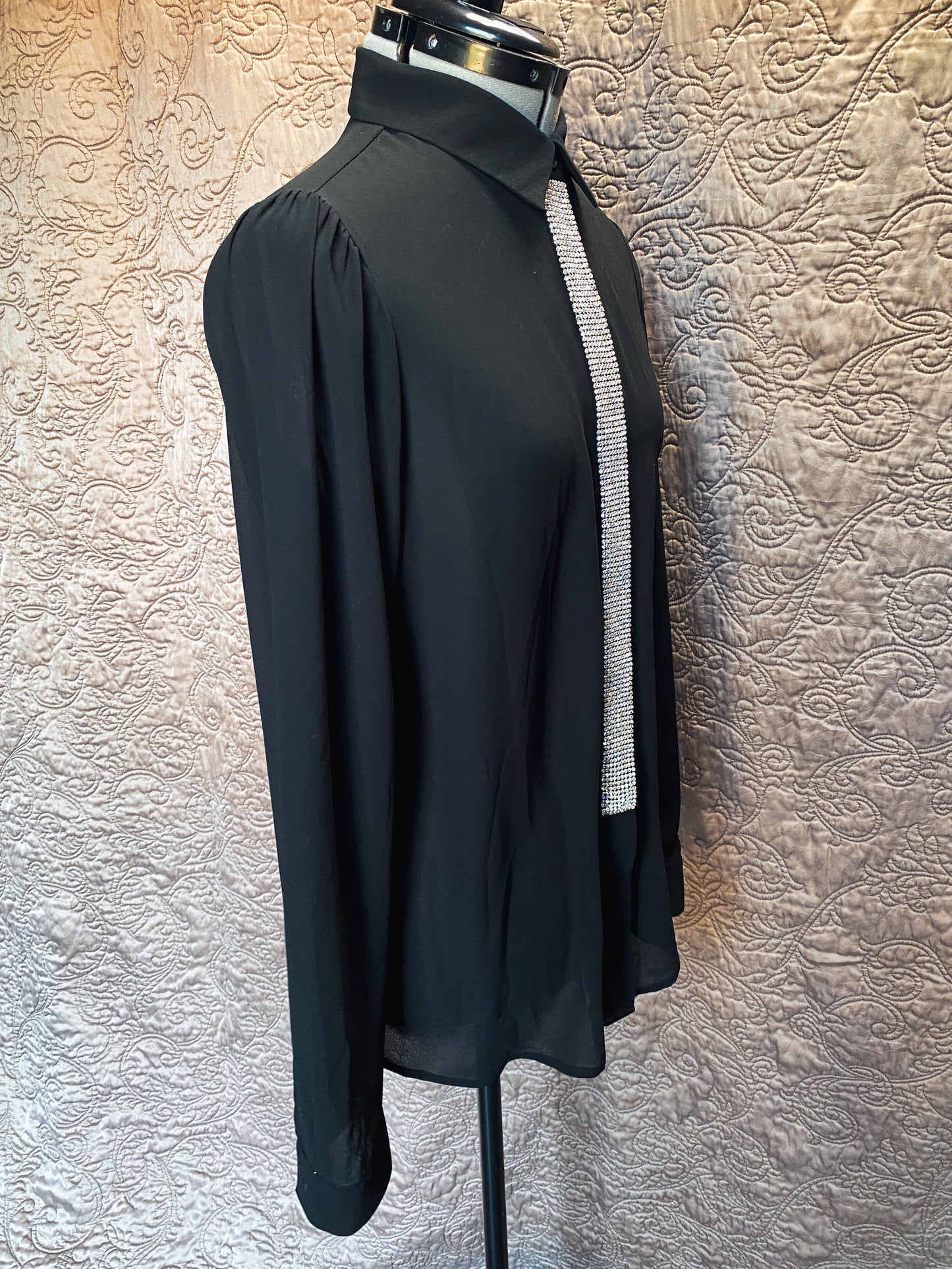 Michael Kors Black Sheer Blouse - Rhinestone Embellished Long Sleeve Button Down Shirt - Elegant, Modern - Small