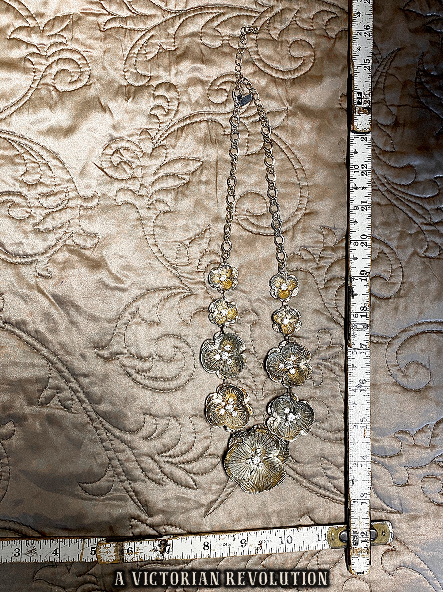 1950s Vintage Silver Tone Floral Bib Necklace - Textured Layered Petals & Rhinestone Centers - Mid Century Costume Jewelry