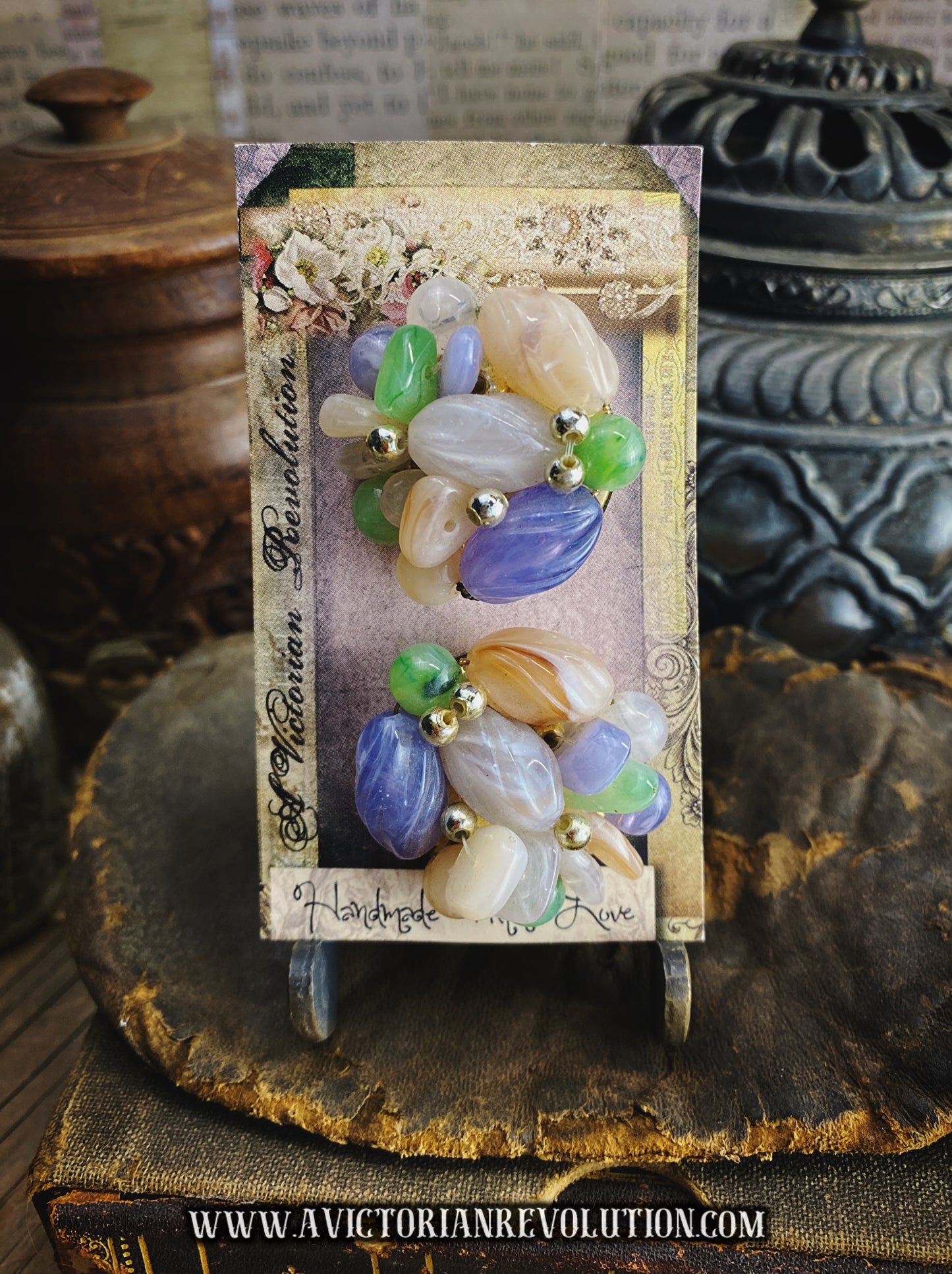 Pastel Bead Cluster Clip On Earrings - Purple, Green, Peach, Gold Tone - Vintage