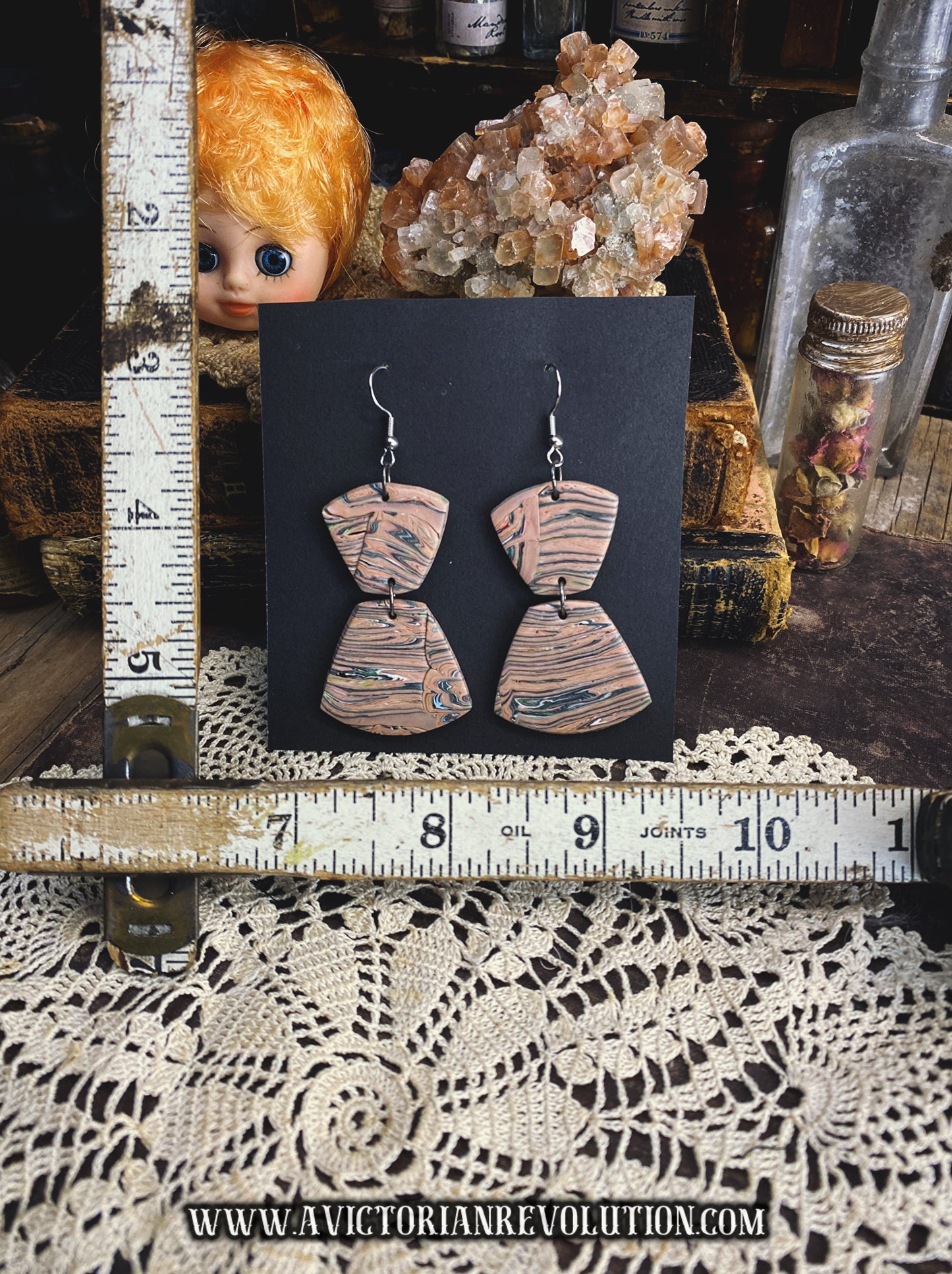 Multicolor Marbled Clay Dangle Earrings - Earthy Mauve Green and Black Swirl - Geometric Trapezoid Statement Style - Handmade Used Artisan Jewelry - Modern Retro Accessories