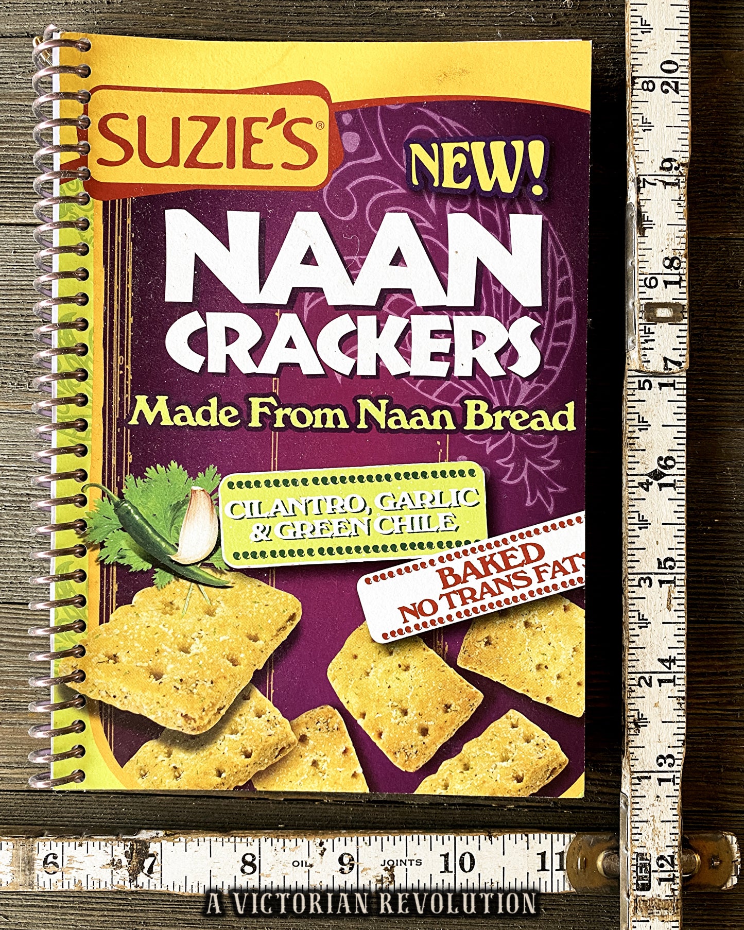 Upcycled Suzie's Naan Crackers Handmade Spiral Notebook - Cilantro Garlic + Green Chile Foodie Journal - Eco-Friendly Recycled Stationery Gift for a Vegan or Vegetarian
