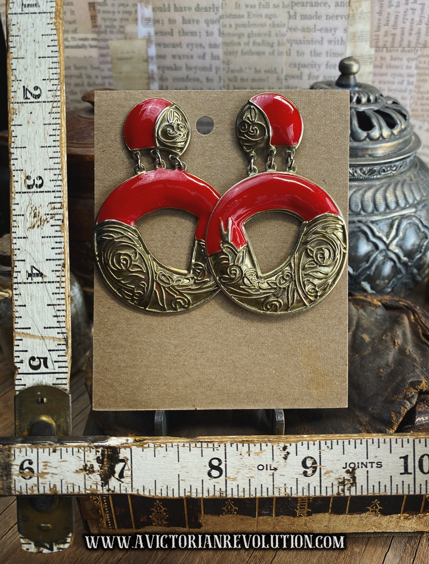 Red Enamel and Gold Tone Floral Dangle Door Knocker Statement Earrings - Vintage - 1980s