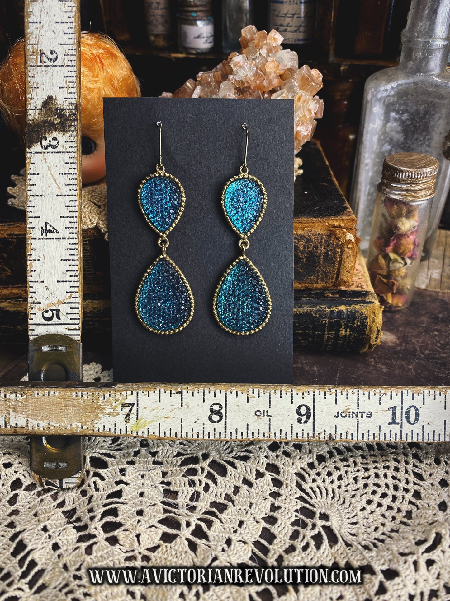 Teal Blue Pave Teardrop Double Drop Earrings - Gold Beaded Trim - Vintage Style - Handmade - Used