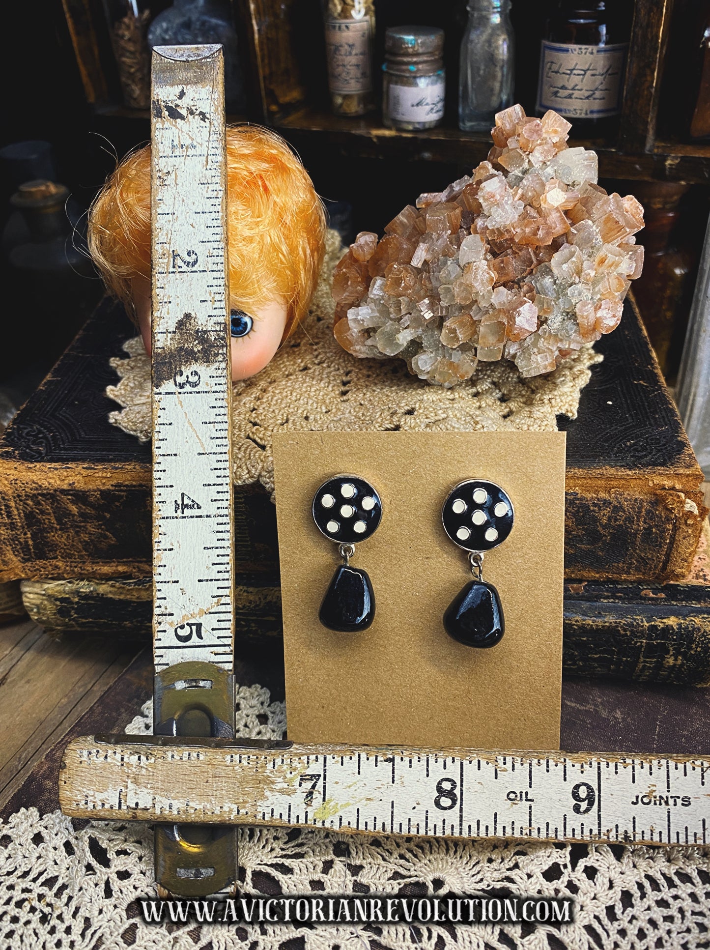 Vintage Black Enamel and White Polka Dot Dangle Earrings - Mod 1960s Style - Retro Teardrop Post Drops - Used Minimalist Costume Jewelry