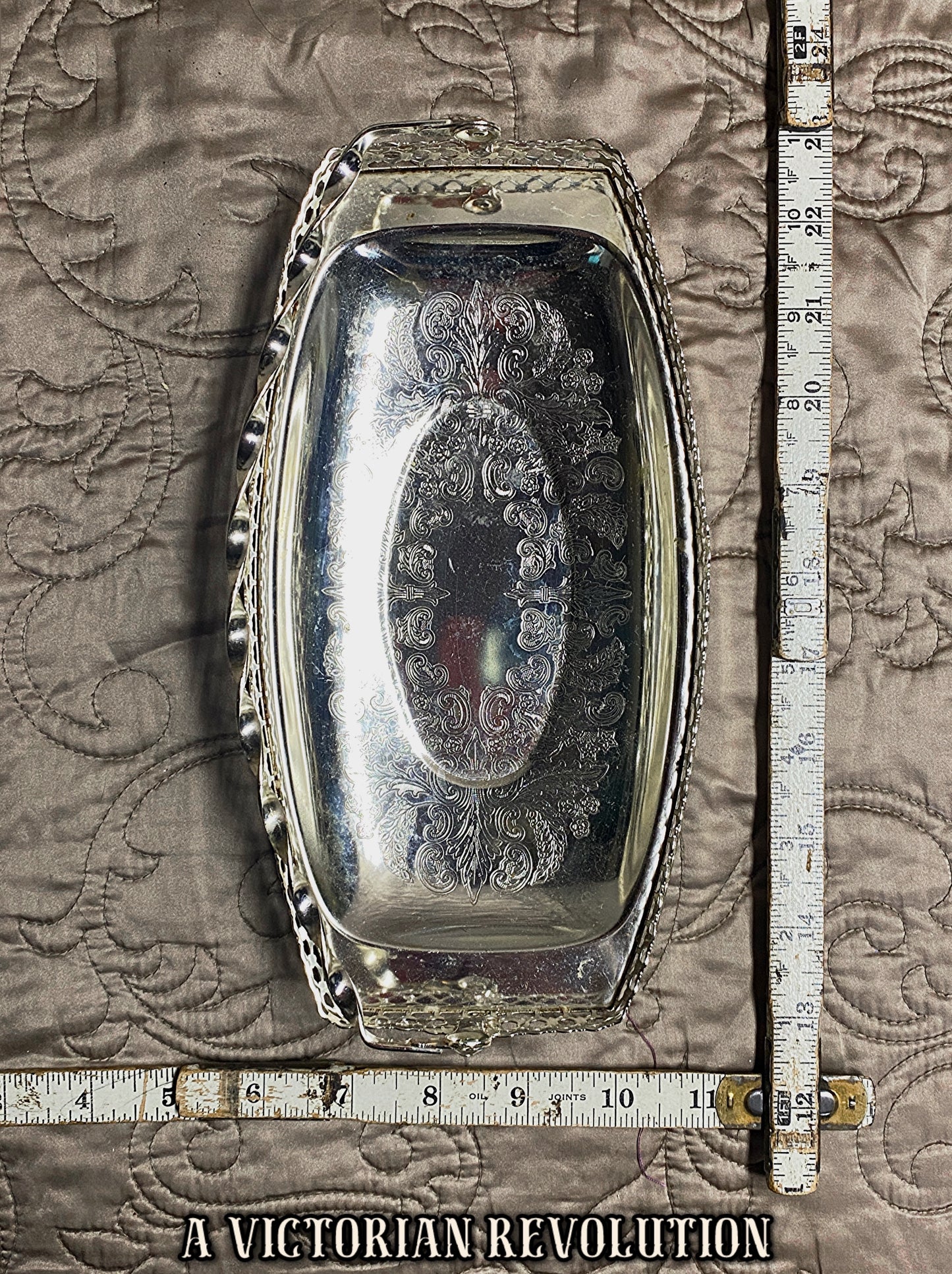 Silver-Plated Serving Tray/Basket - 1950s Vintage - Etched Floral Center - Twisted Swing Handle