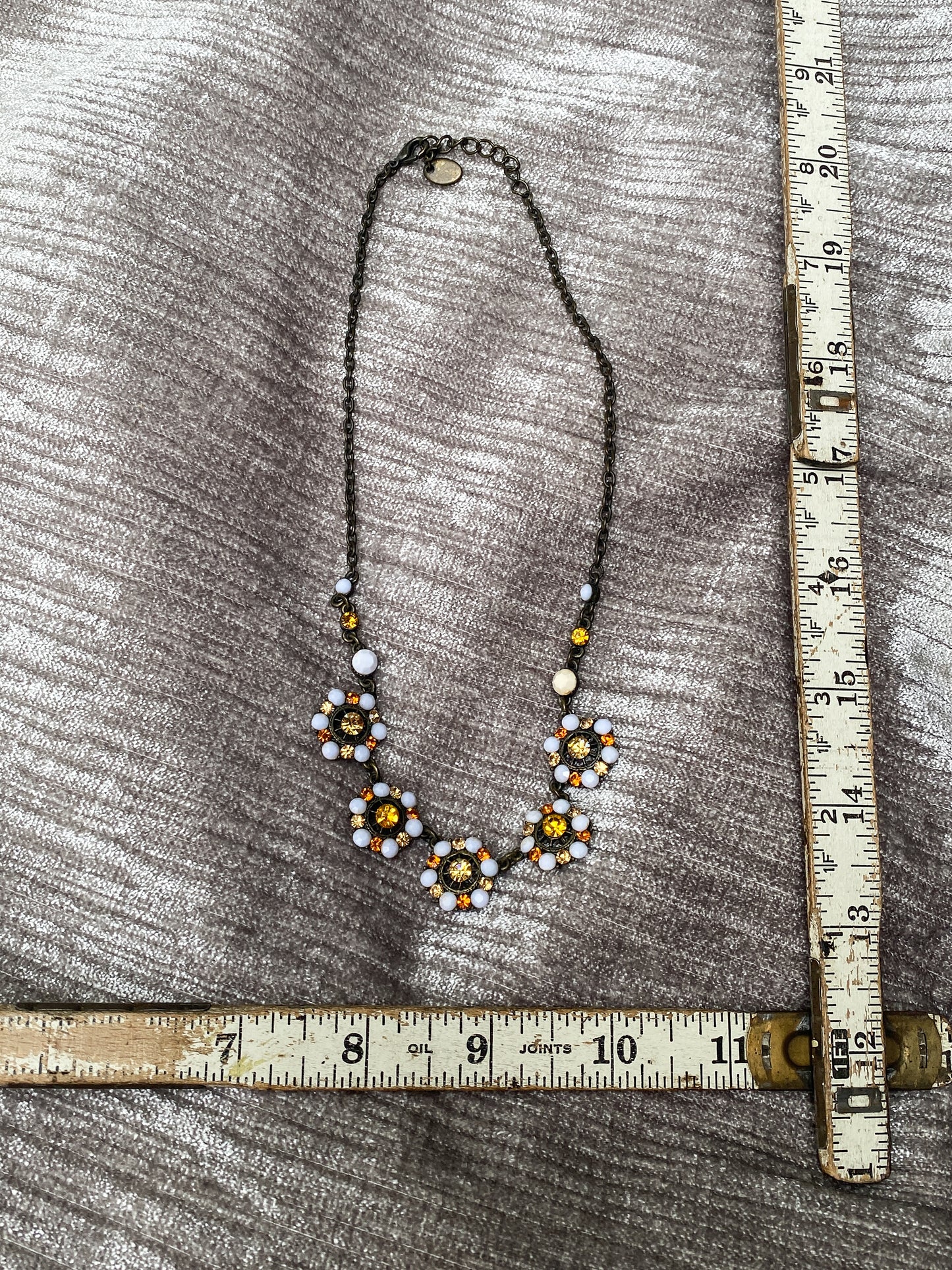 Vintage Brass Tone Flower Necklace - White And Amber Rhinestone Floral Statement Choker, Quirky Retro Style