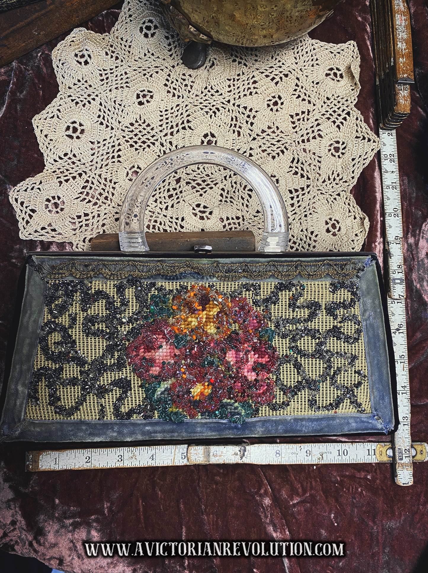 Vintage 1950s Beaded Floral Mesh Handbag with Lucite Handle