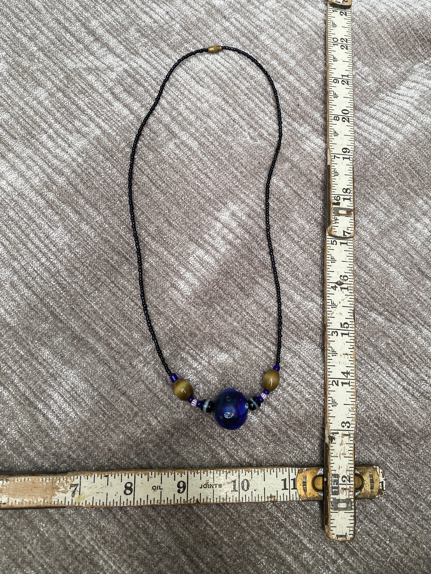 Blue Clay Bead Necklace - Patterned Focal Piece, Black Seed Beads, Retro Style Jewelry