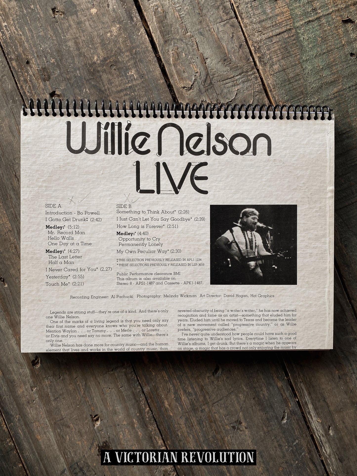 Willie Nelson - Willie Nelson Live - 1976 - RCA Records - Country - Salvaged + Upcycled Vinyl LP Record Album Cover Notebook