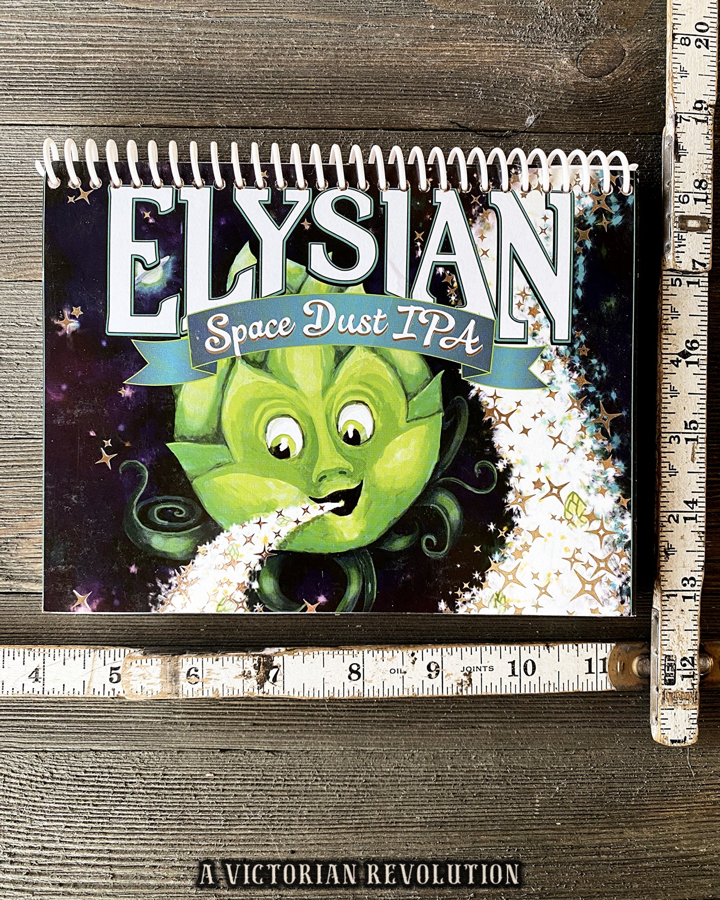 Handmade Upcycled Elysian Space Dust IPA Beer Box Spiral Notebook Journal – Recycled Craft Beer Label Stationery – Unique Gift for Beer Lovers and Homebrewers – Eco-Friendly