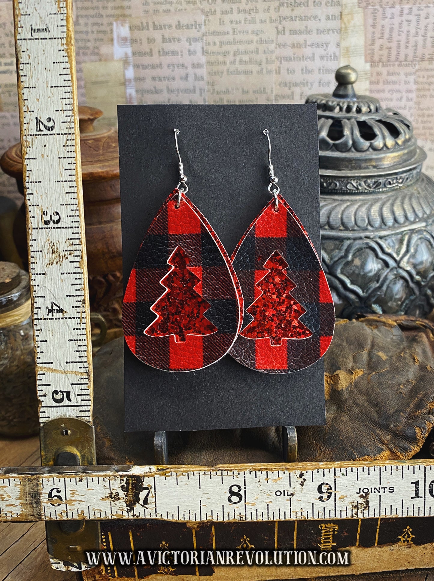 Red Black Punk Plaid Christmas Tree Teardrop Earrings - Faux Leather - Festive Holiday Dangle - Red Glitter