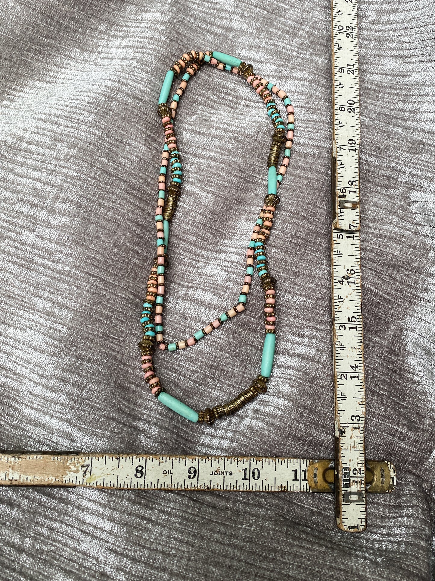 Vintage Turquoise Blue And Pink Long Beaded Necklace - Boho Southwestern Style - 1970s Retro Jewelry - Metal Accents
