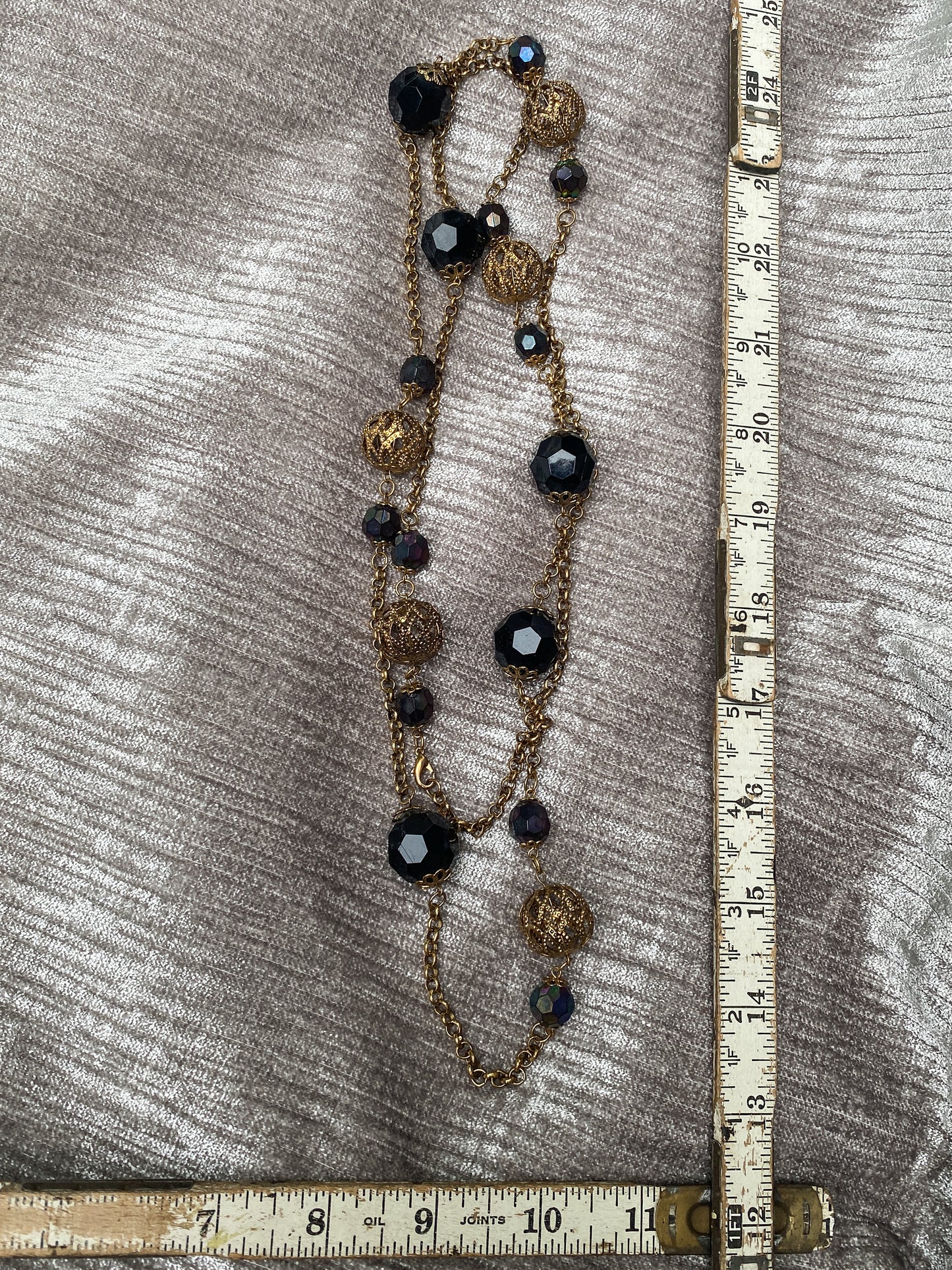 Vintage Black Faceted Bead And Gold Tone Filigree Station Necklace - Extra Long Retro 1970s Style Rope Chain