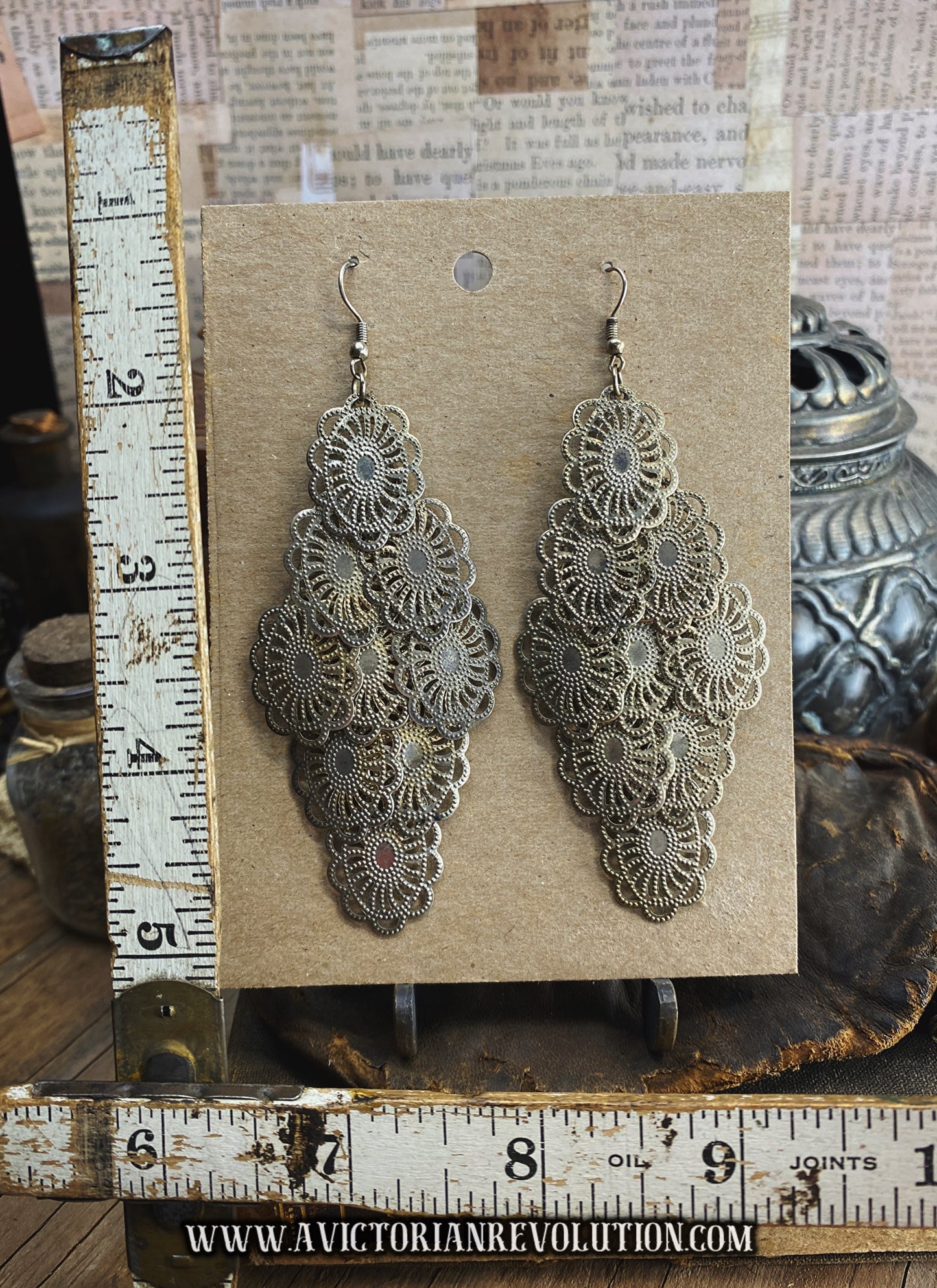 Large Silver Tone Multi-Tier Filigree Chandelier Earrings - Vintage Bohemian Style - Boho Statement Dangles - Used Costume Jewelry