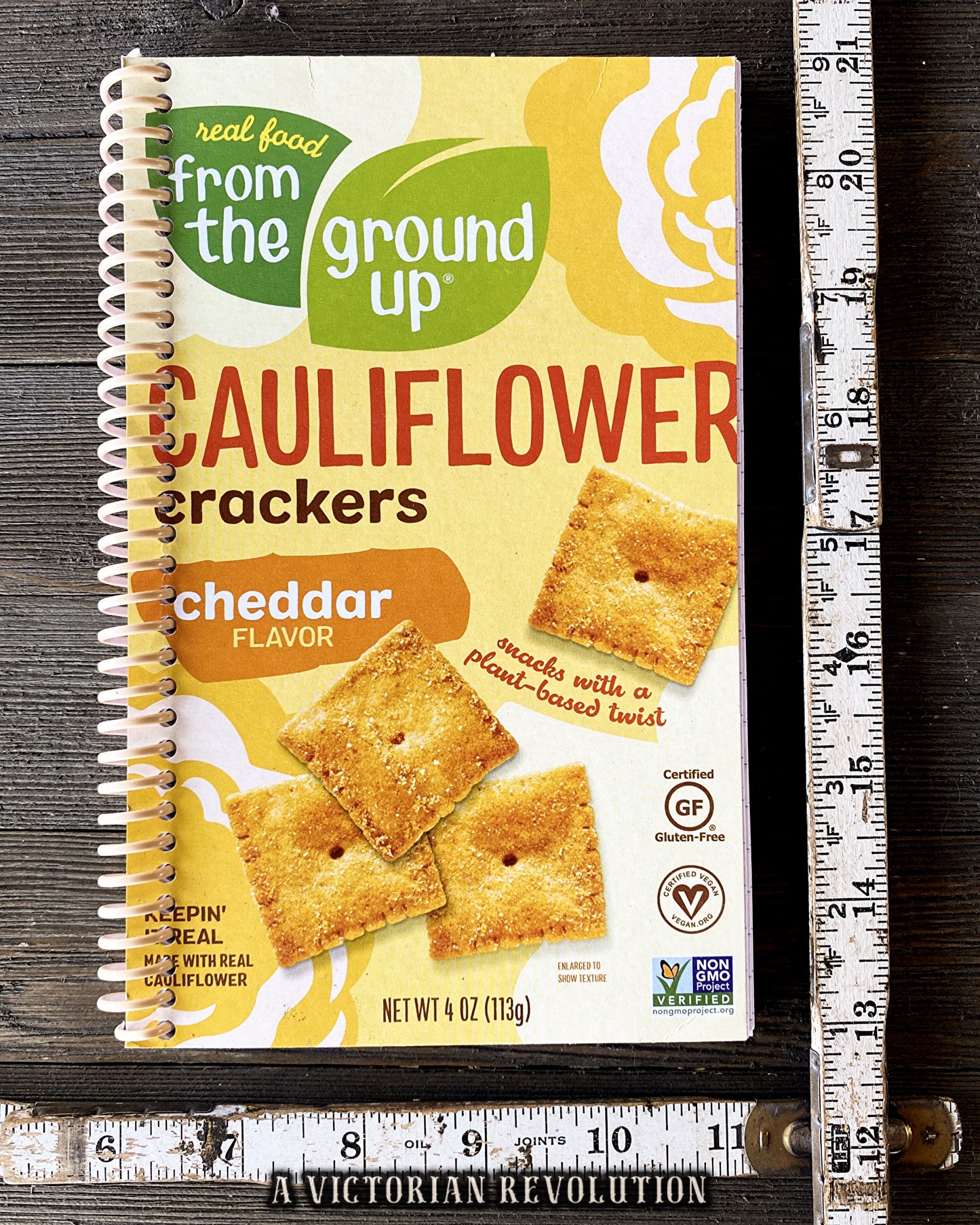 Handmade Upcycled Real Food From The Ground Up Cauliflower Crackers Spiral Notebook, Eco-Friendly Recycled Cheddar Flavor Snack Box Journal, Unique Vegan + Vegetarian Gift, Snack Box Cover Stationery