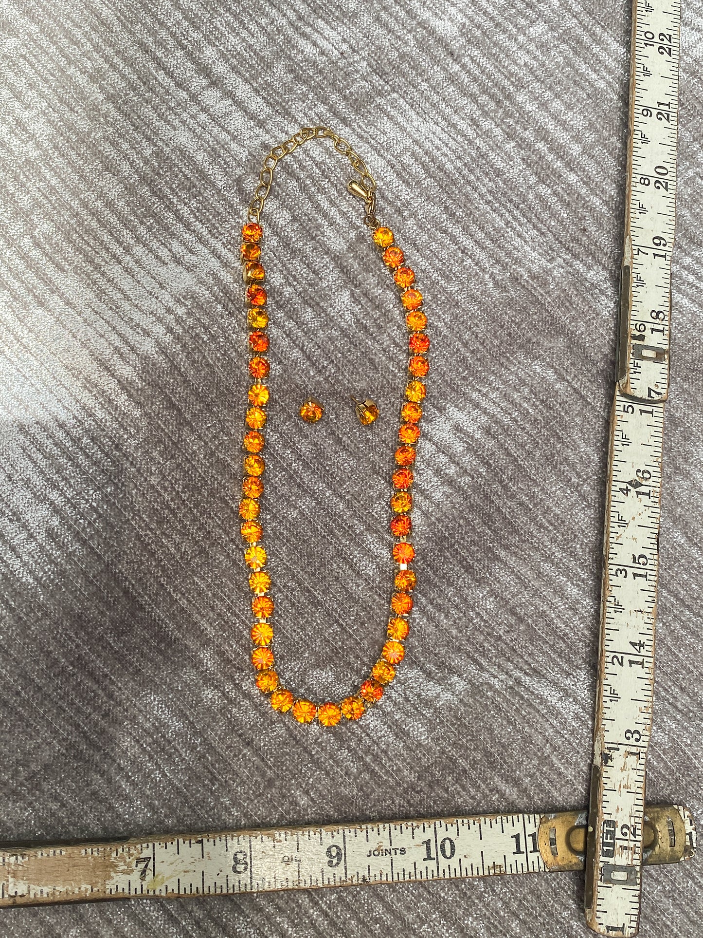 Tangerine Orange Rhinestone Tennis Necklace And Matching Stud Earring Set - Retro Style Costume Jewelry - Sunset Gold Ton