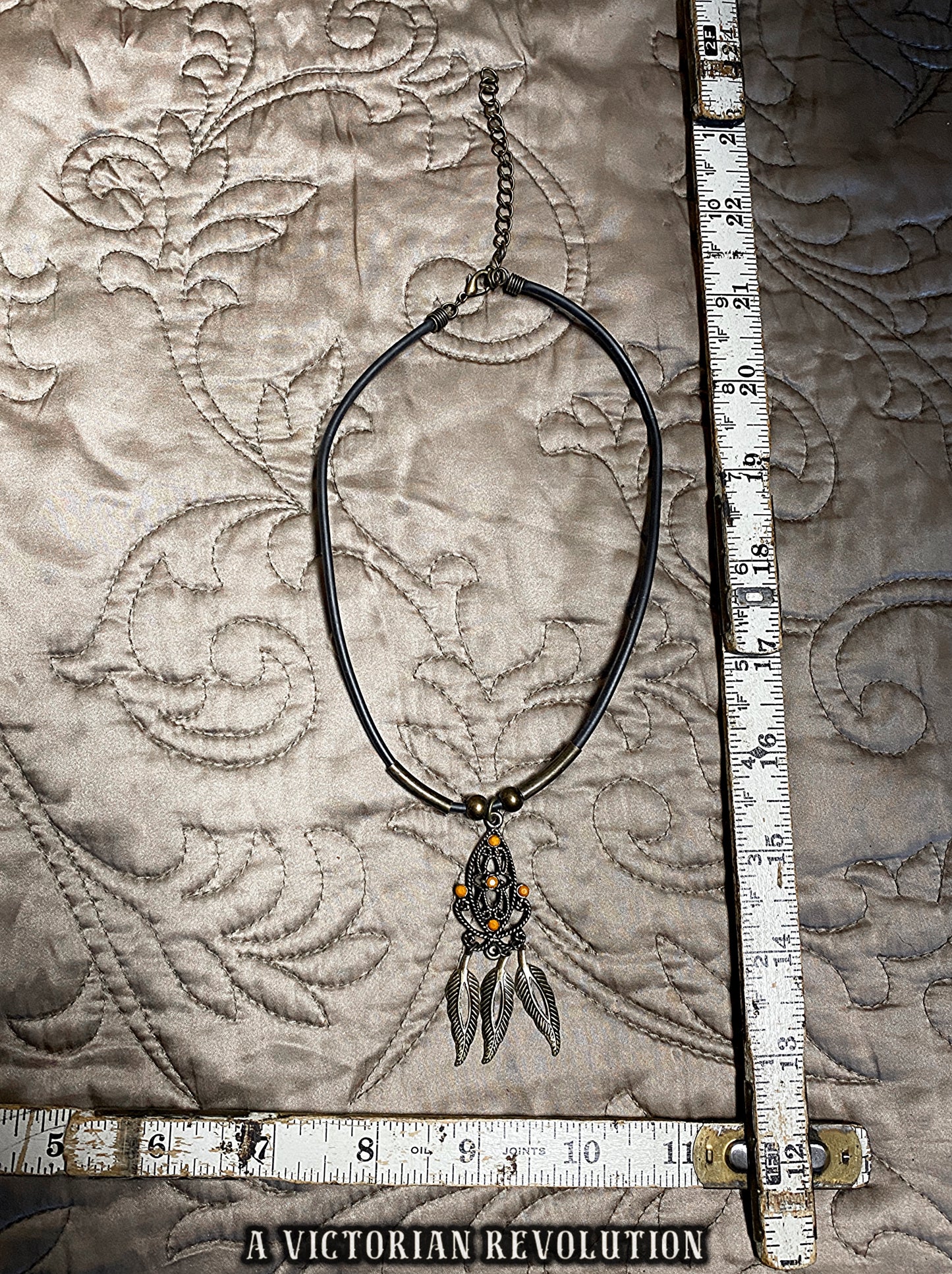 Vintage 90s Style Grunge Y2K Revival Choker with Amber Toned Filigree and Feather Charms