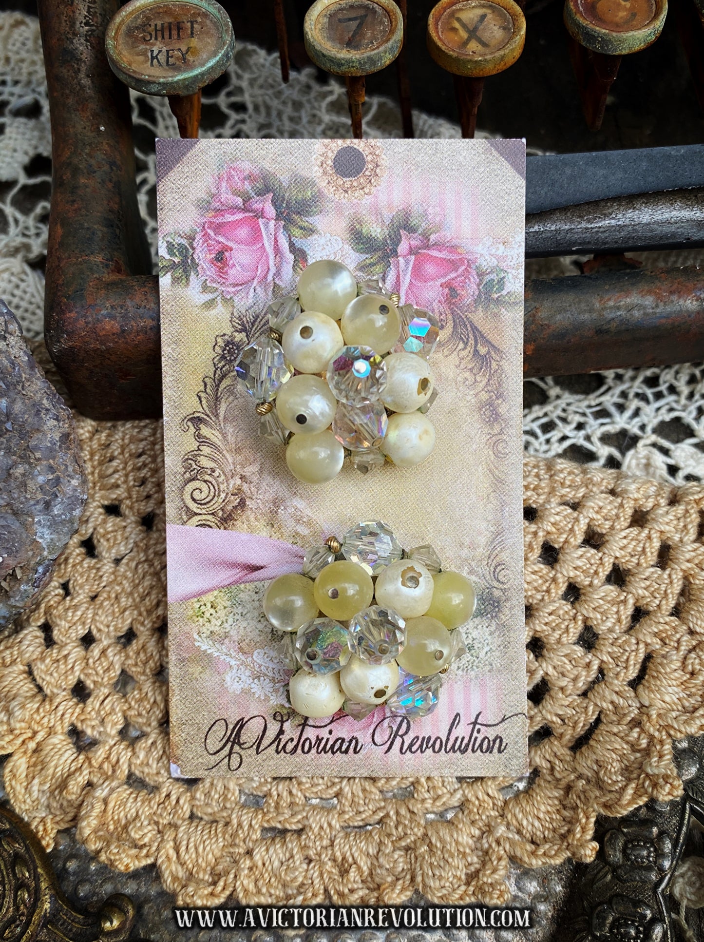 Creamy Faux Pearl and Aurora Borealis Beaded Cluster Clip On Earrings - 1950s - 1960s