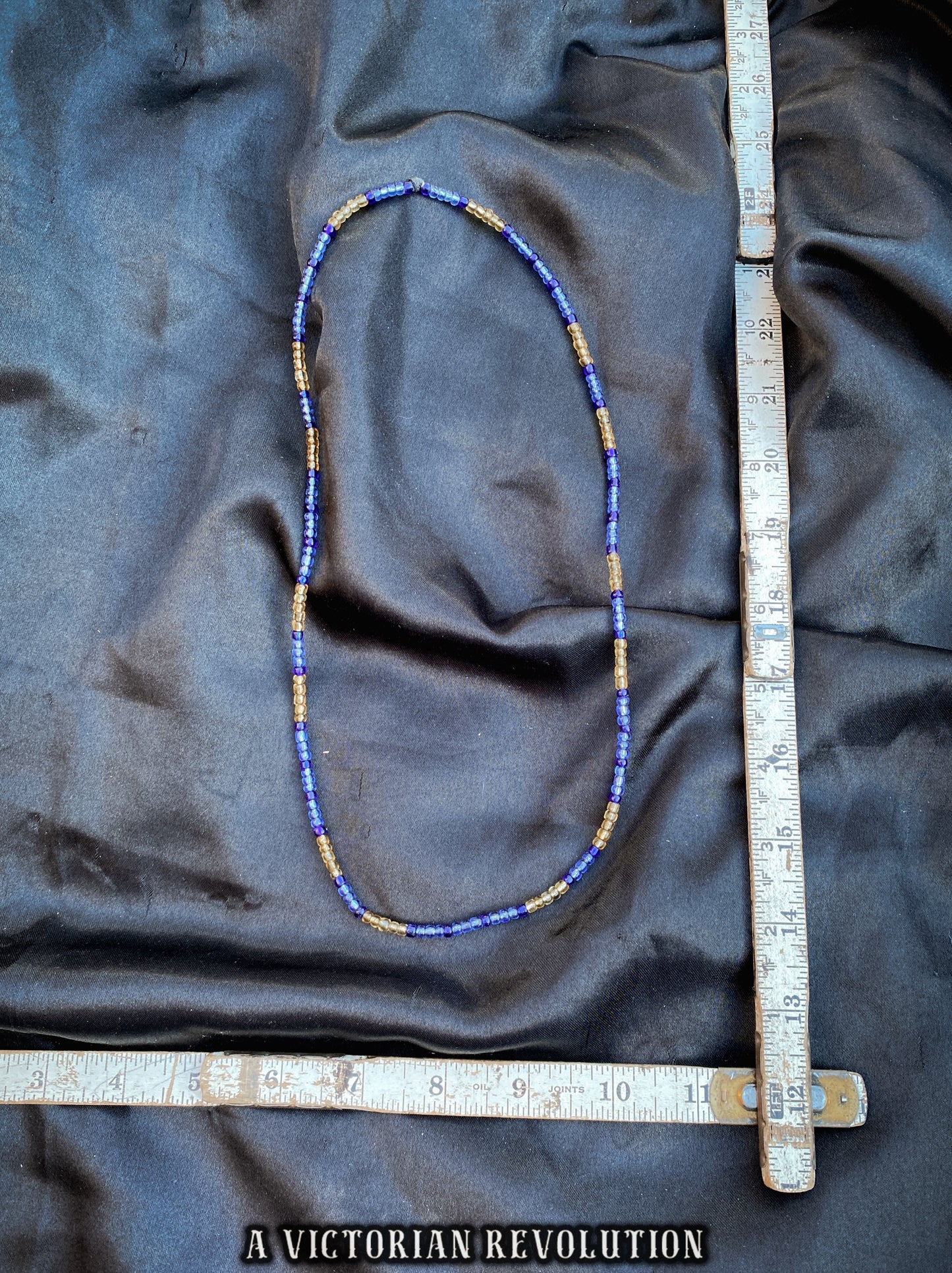 Blue and Gold Beaded Single Strand Necklace, Retro Style, Vintage Seed Bead Jewelry