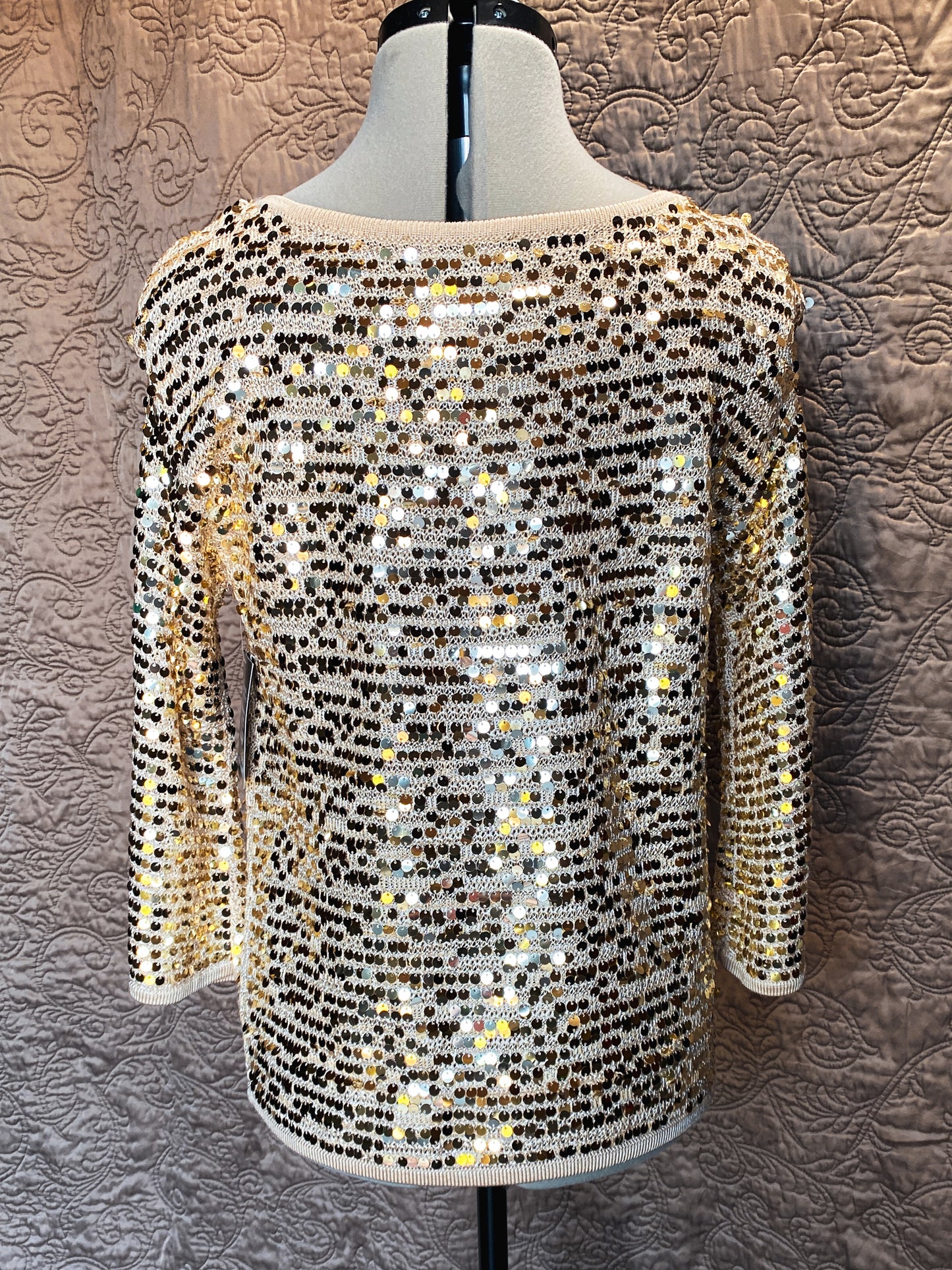 Gold Sequin Boston Proper Knit Top - Glam Holiday Disco Sweater - New - XS