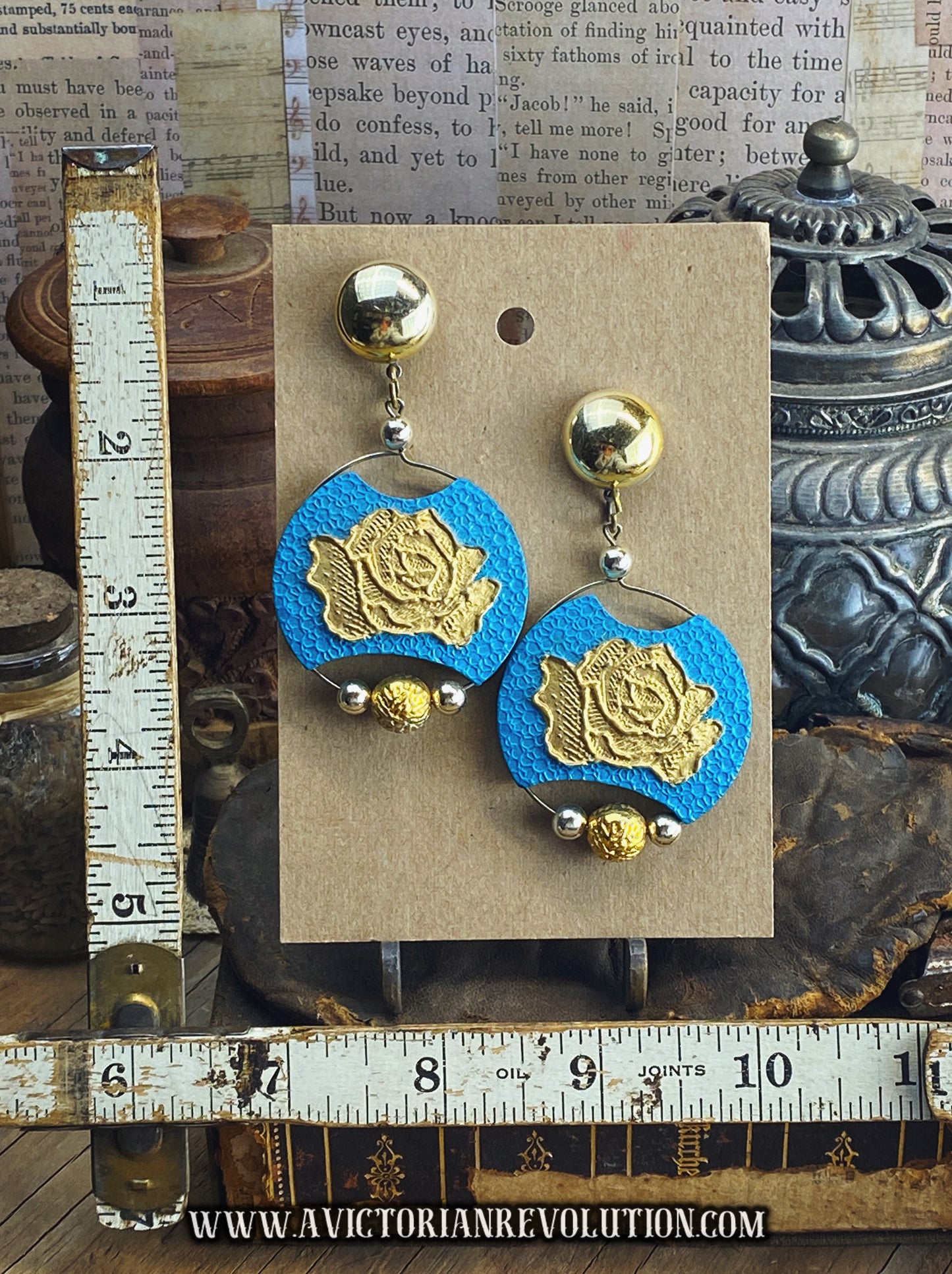 Blue and Gold Dangle Earrings - Vintage Style - Gold Tone Floral Accents - Used