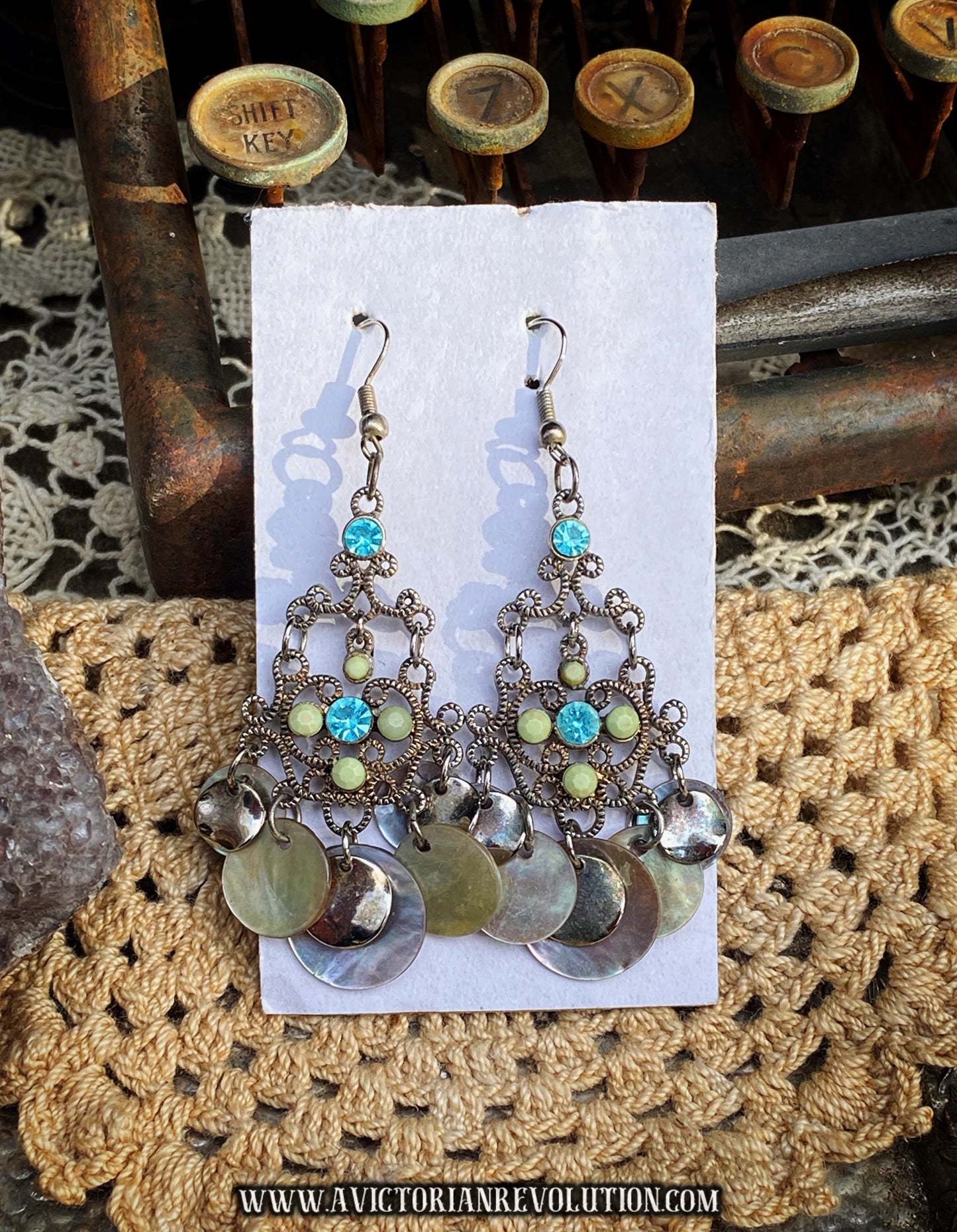 Chandelier Drops with Blue Crystals and Shell Charms, Bohemian Filigree Dangle Earrings, Turquoise and Seafoam Tones