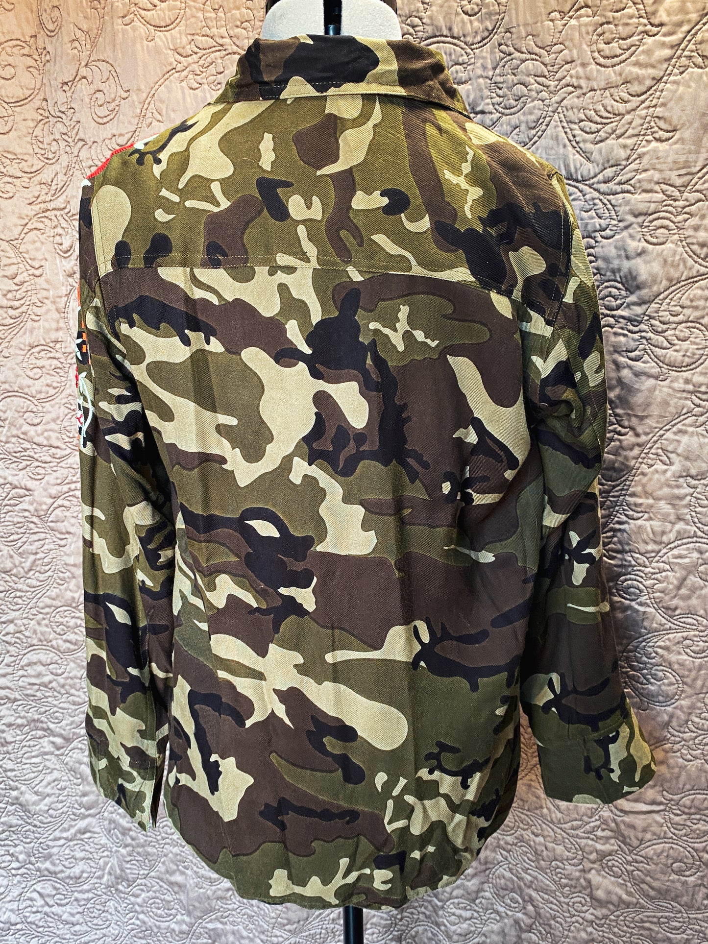 Green and Brown Reversible Zip-Up Johnny Was Jacket - Camo + Floral Embroidered Sleeve Shirt - Size Medium