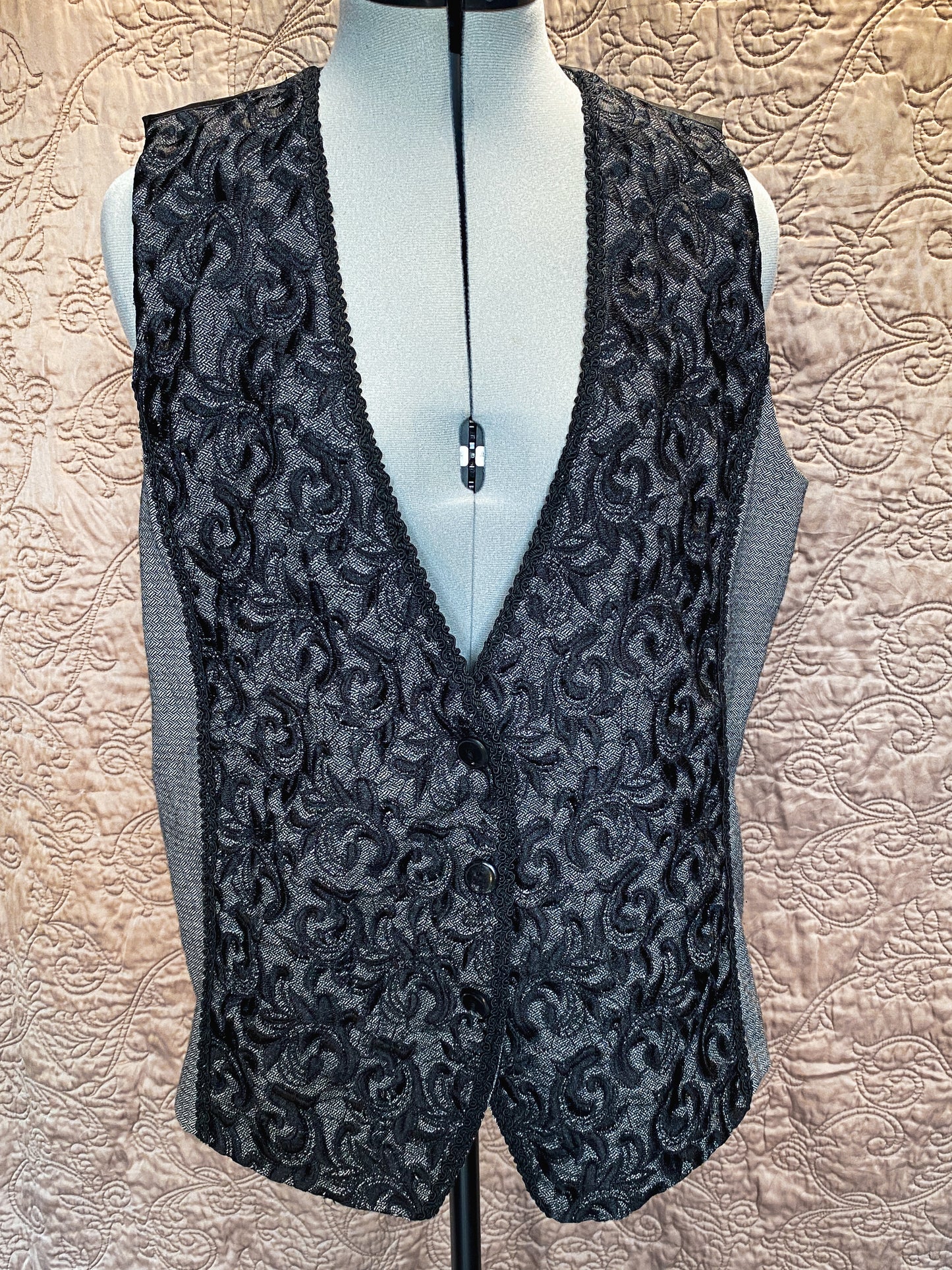 Modern Black and Grey Button Up Vest - Embroidered, Textured Sleeveless Jacket - Chico's Size 2