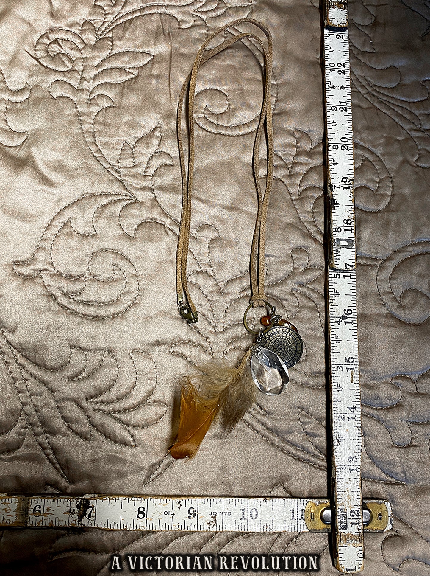 Vintage Inspired Bronze + Faux Crystal Feather Charm Necklace - Earthy Whimsigoth - Indie Grunge Festival - Faux Suede Pendant