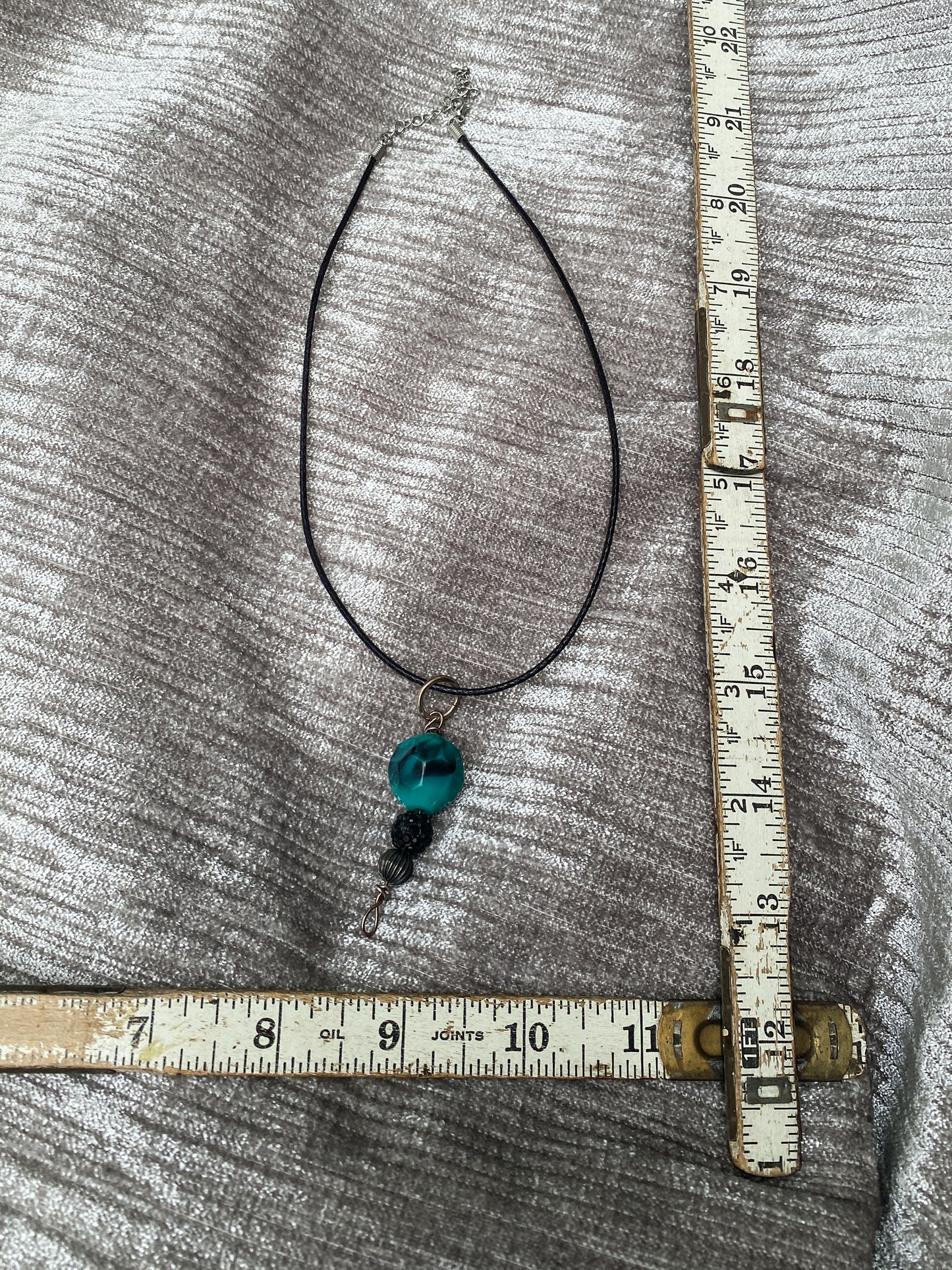 Teal Plastic Bead Drop Pendant - Black Cord Necklace - Minimalist Retro Style