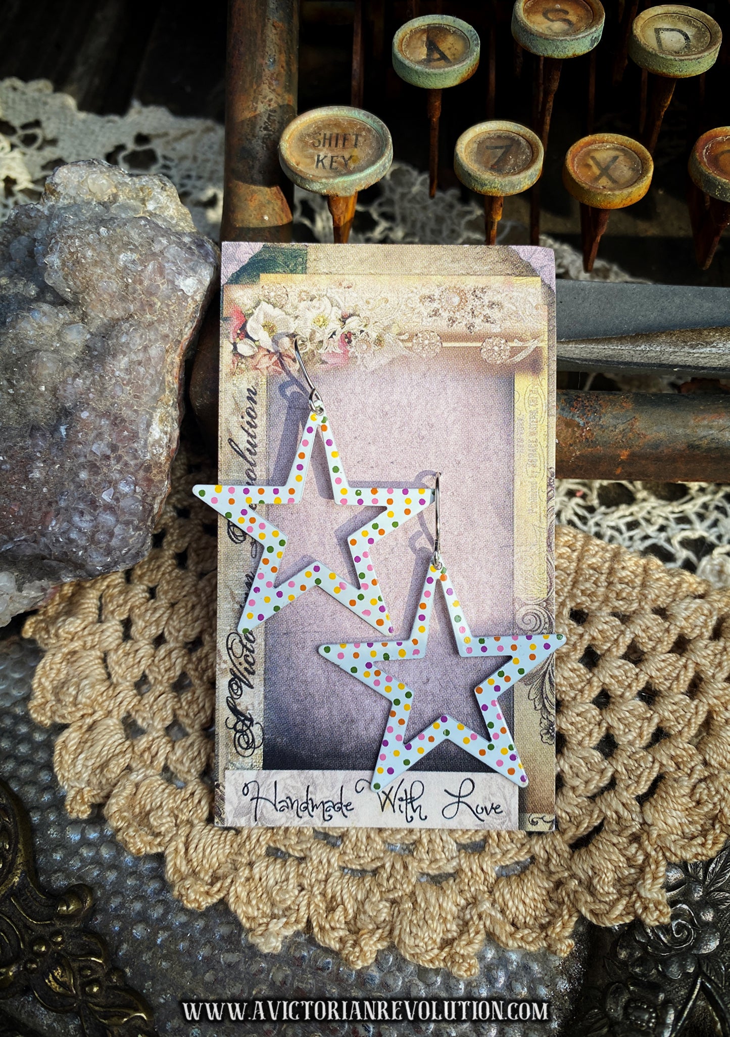 White Star Dangle Earrings with Multi-Color Polka Dots - Funky Retro Style