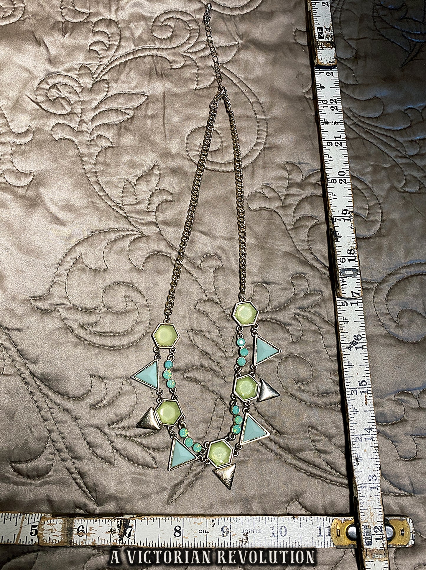 Mint Green and Teal Geometric Statement Necklace – Gold Tone Art Deco Revival Necklace - Costume Jewelry