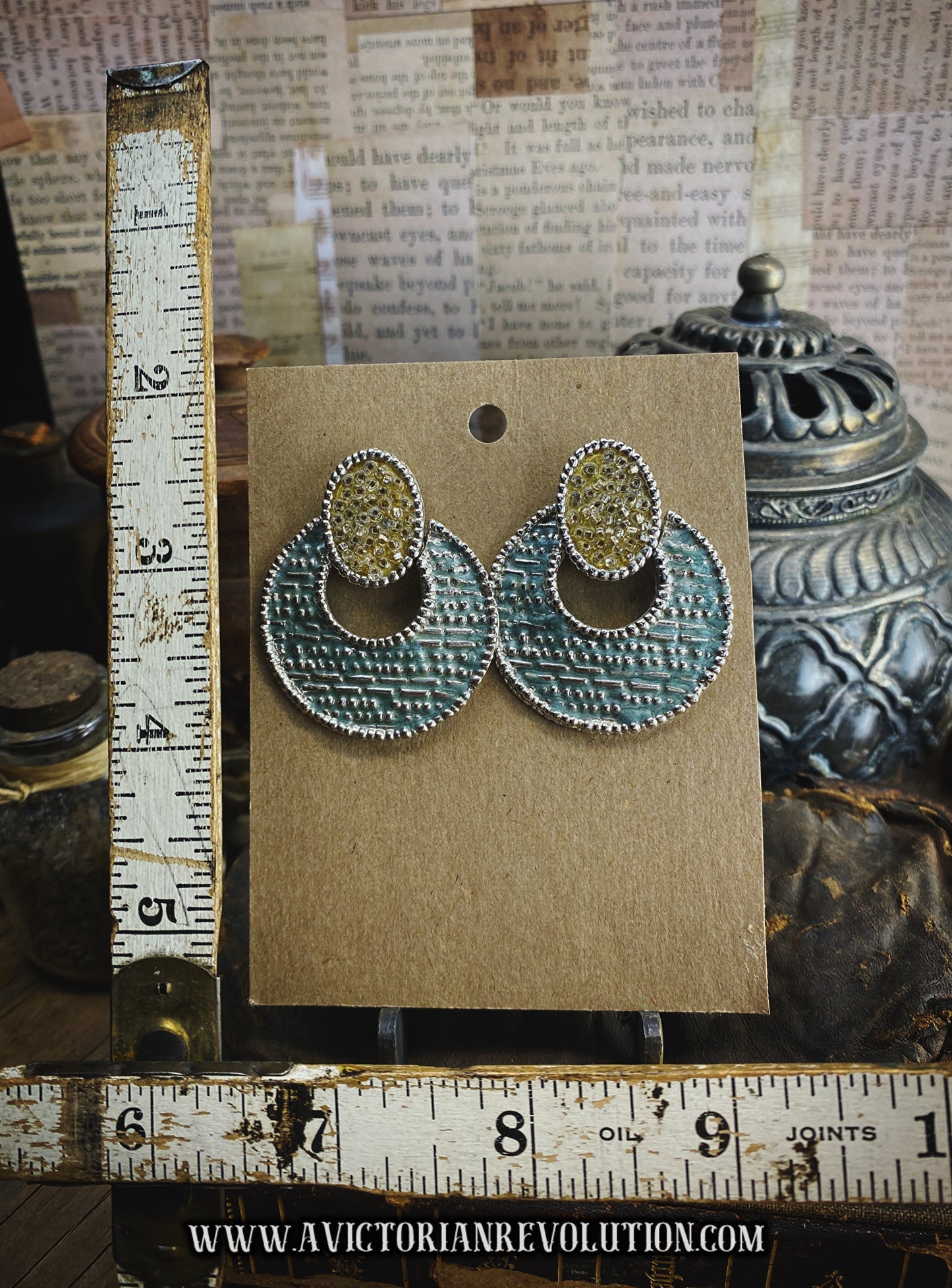 Vintage Teal and Gold Textured Oval and Open Circle Drop Earrings - Silver Tone Border - 1980s Era - Used