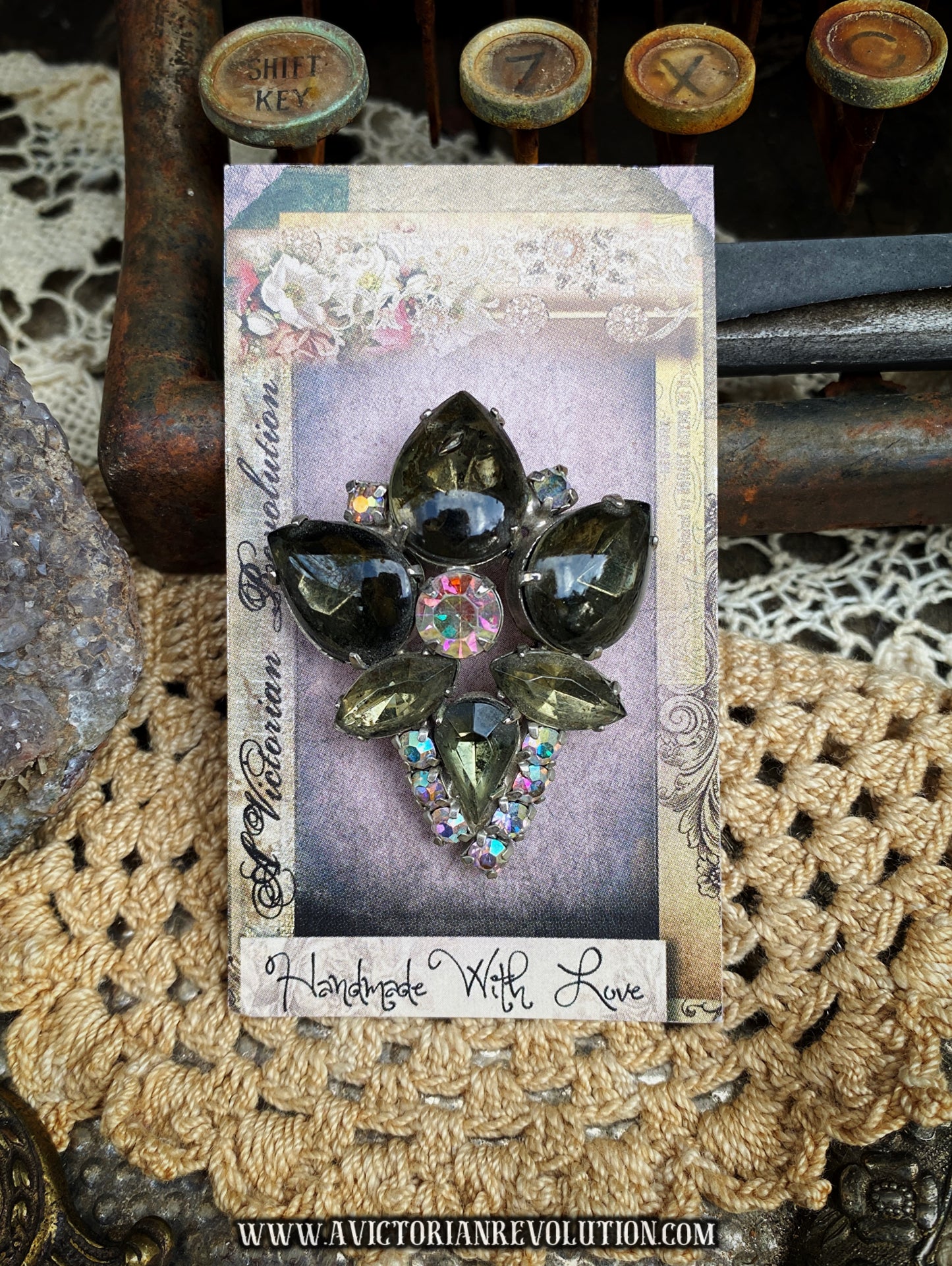 Smoky Gray and Aurora Borealis Rhinestone Teardrop Brooch - Vintage 1950s - Retro Assemblage Pin