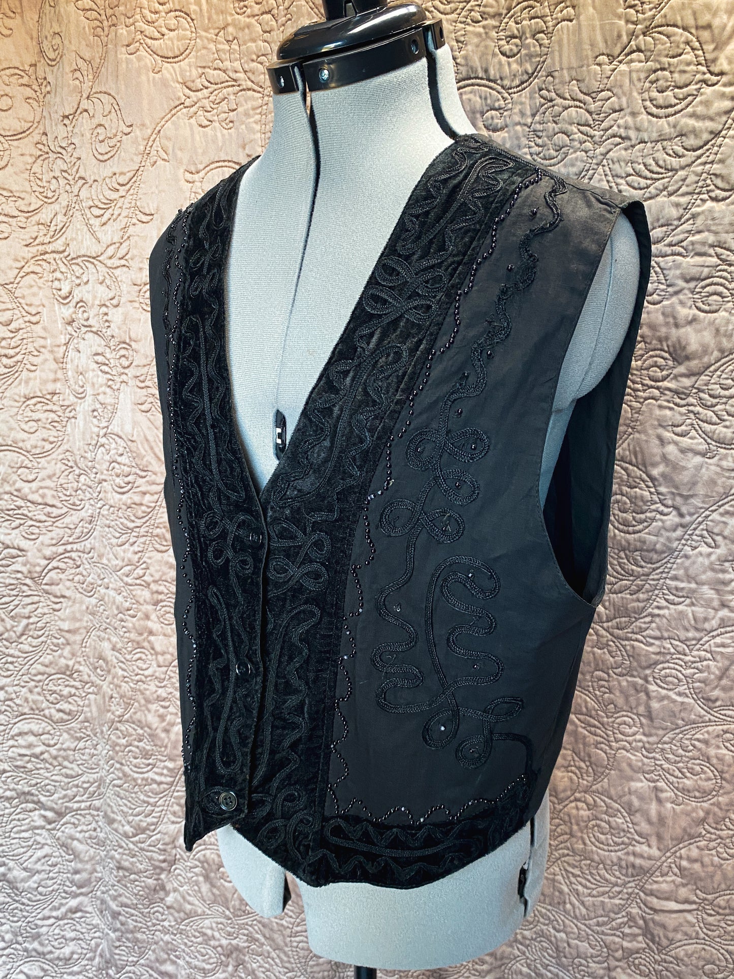 Black Beaded + Embroidered Vest - Button Front, Boho Style - Textured Vintage Vest - Small