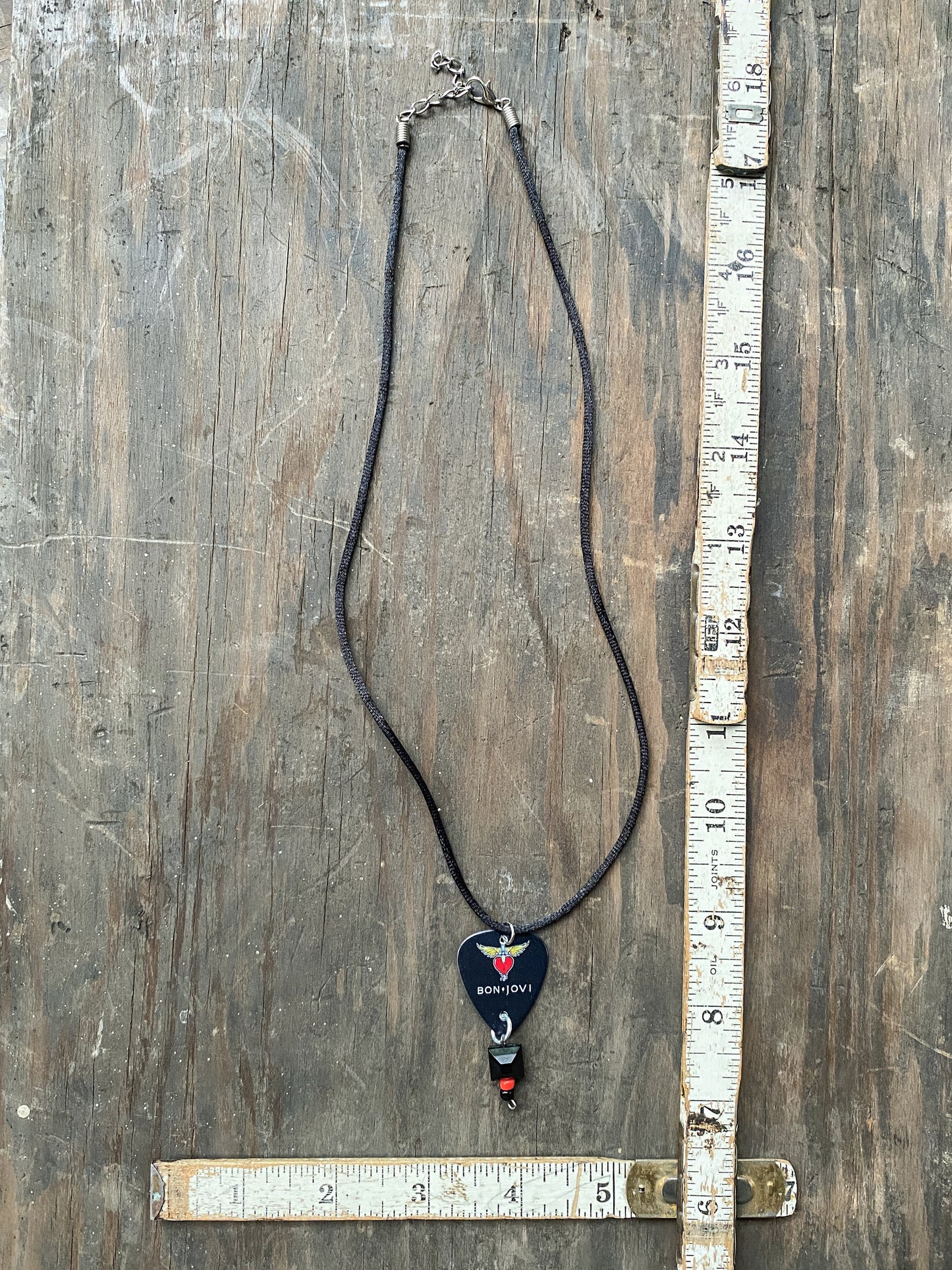 Retro 80s 90s Style Bon Jovi Guitar Pick Necklace - Handmade Rock Band Jewelry - Heart And Dagger Graphic