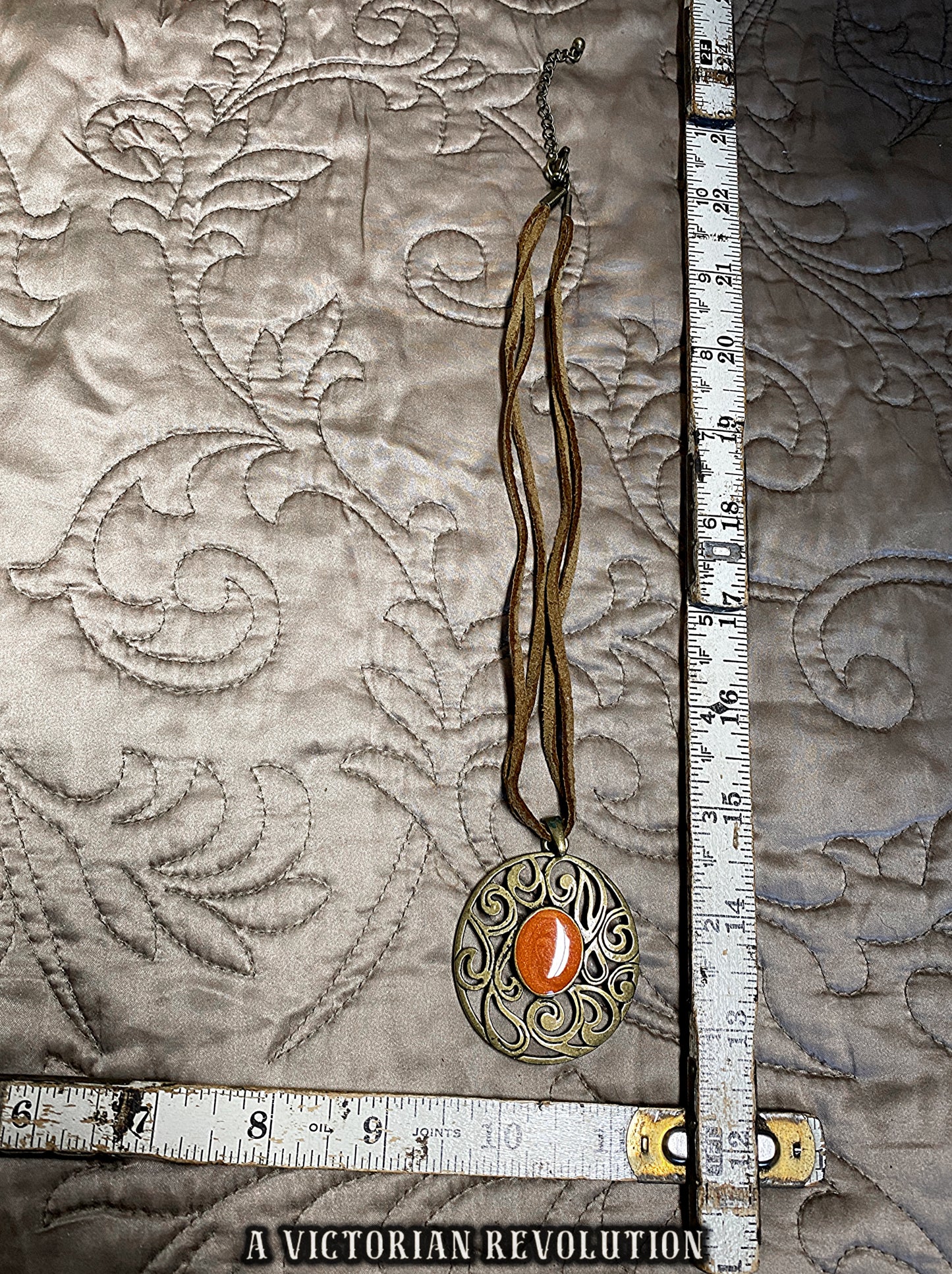 Whimsigoth - Fairy Grunge - Bronze Scroll Pendant Necklace with Rust Orange Center and Faux Suede Cord