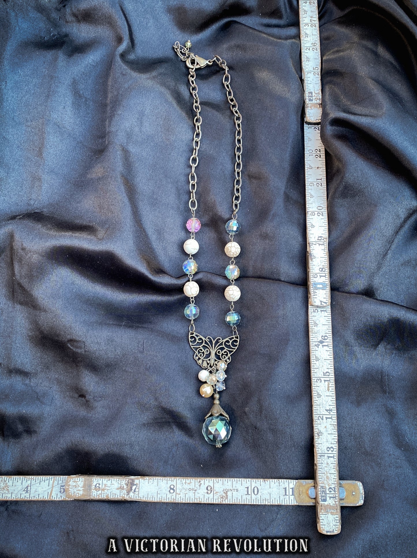 Enchanted Faery Style Bronze Butterfly Necklace, Iridescent Beads