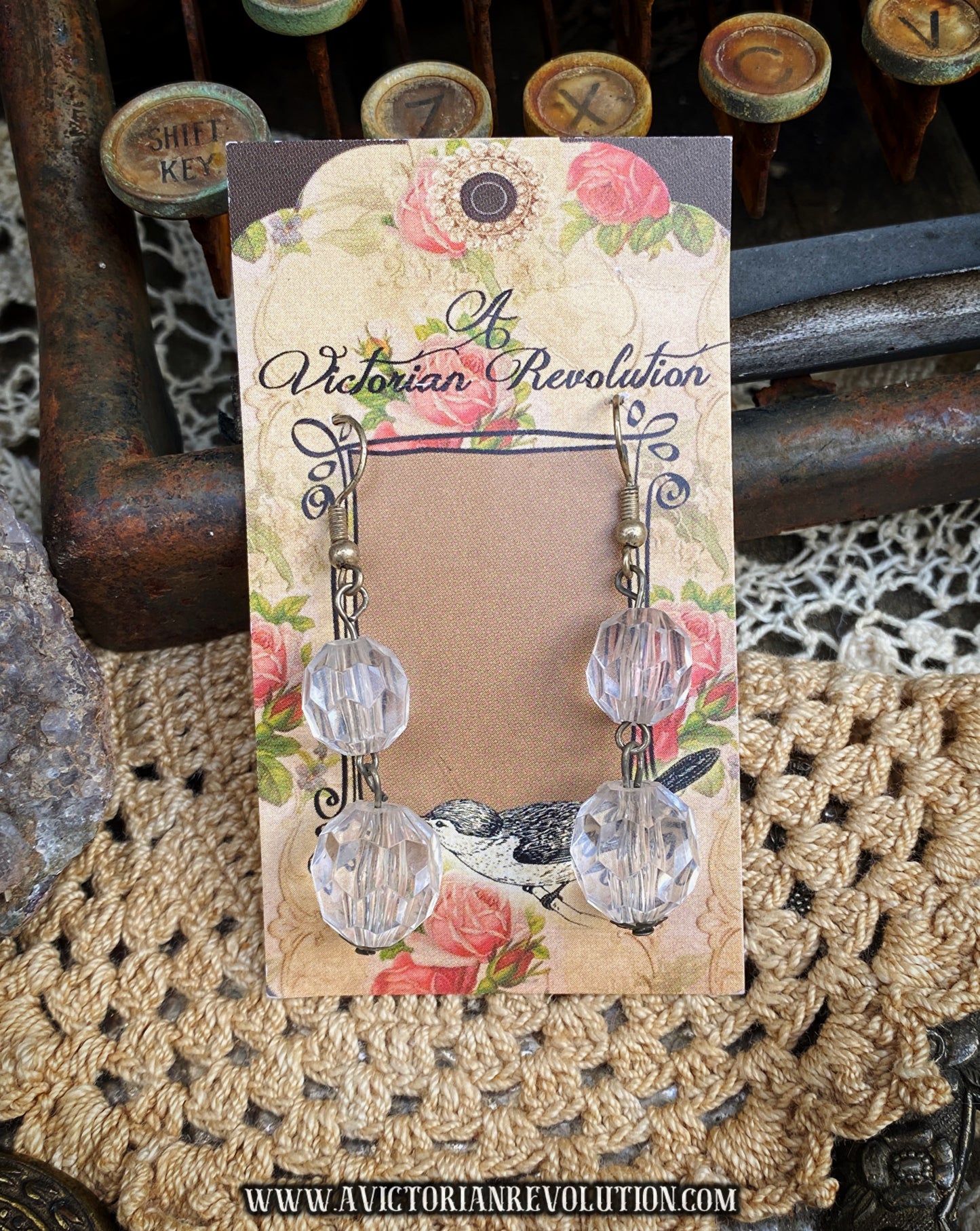 Clear Faceted Double Drop Earrings - Translucent, Dangle, Used