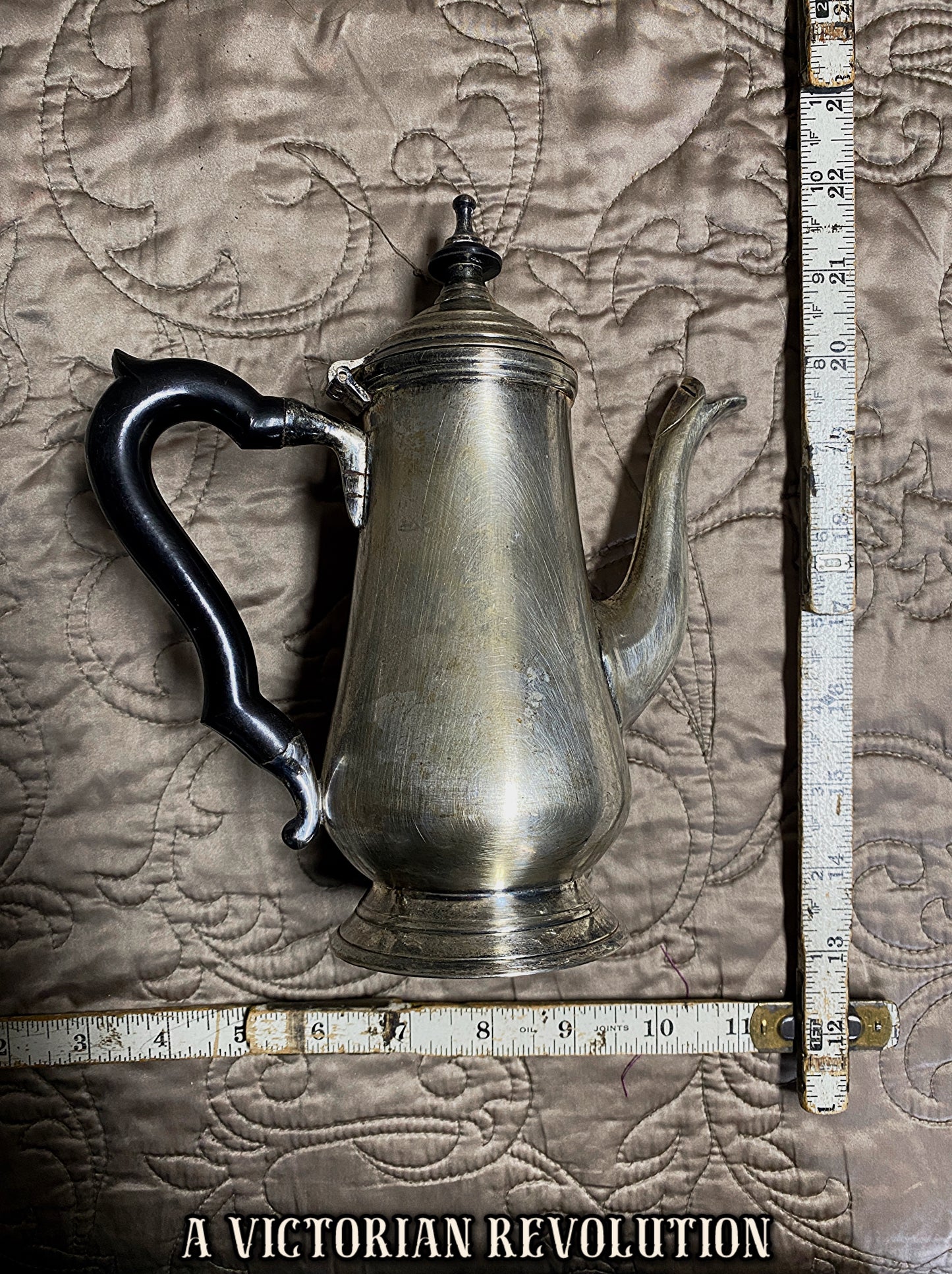 Antique Late Victorian Silver Plated Coffee Pot with Ebonized Handle – Distressed Shabby Chic Farmhouse Decor