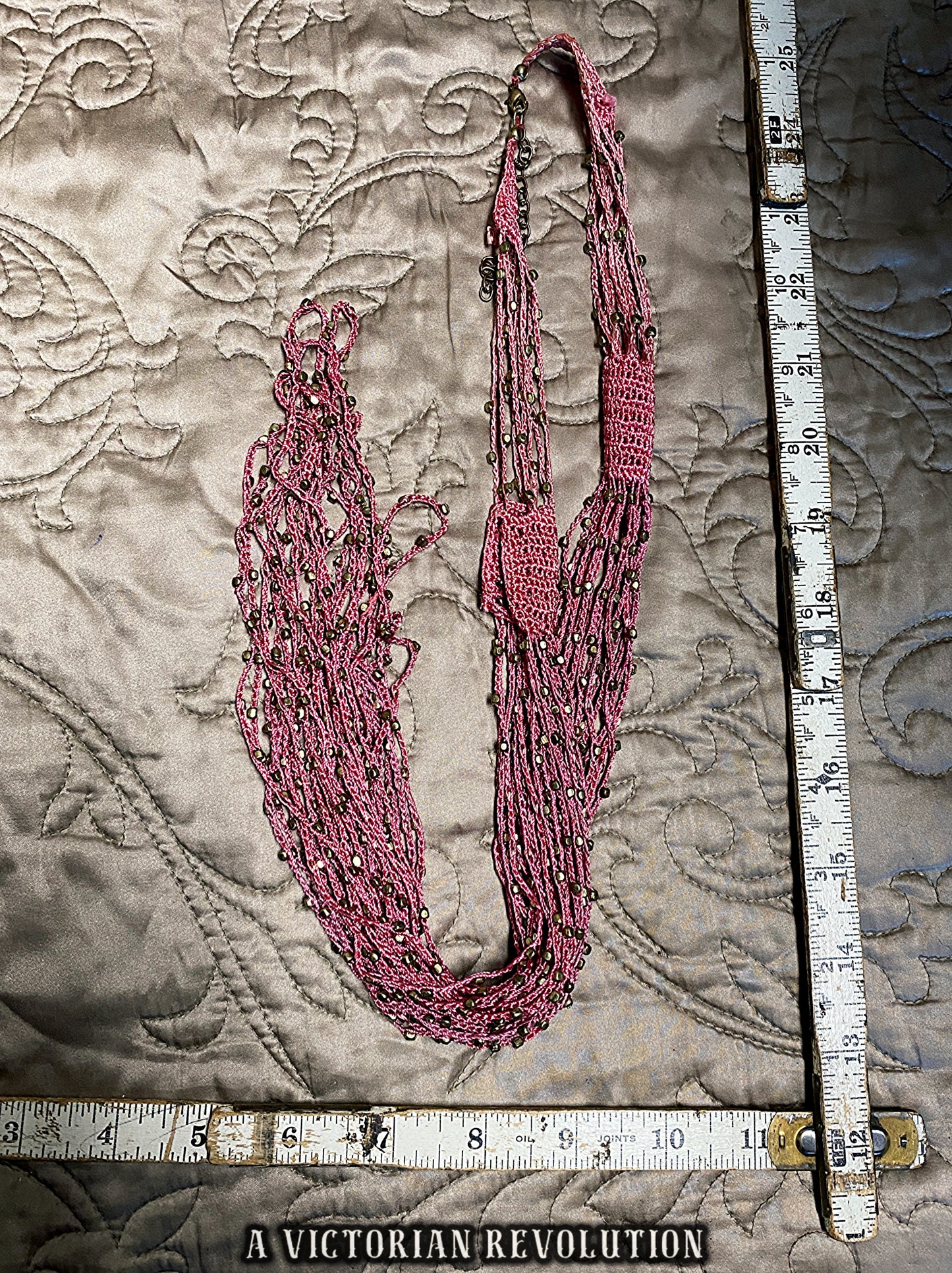 Vintage 90s Berry Pink Crochet Seed Bead Waterfall Necklace - Art Nouveau