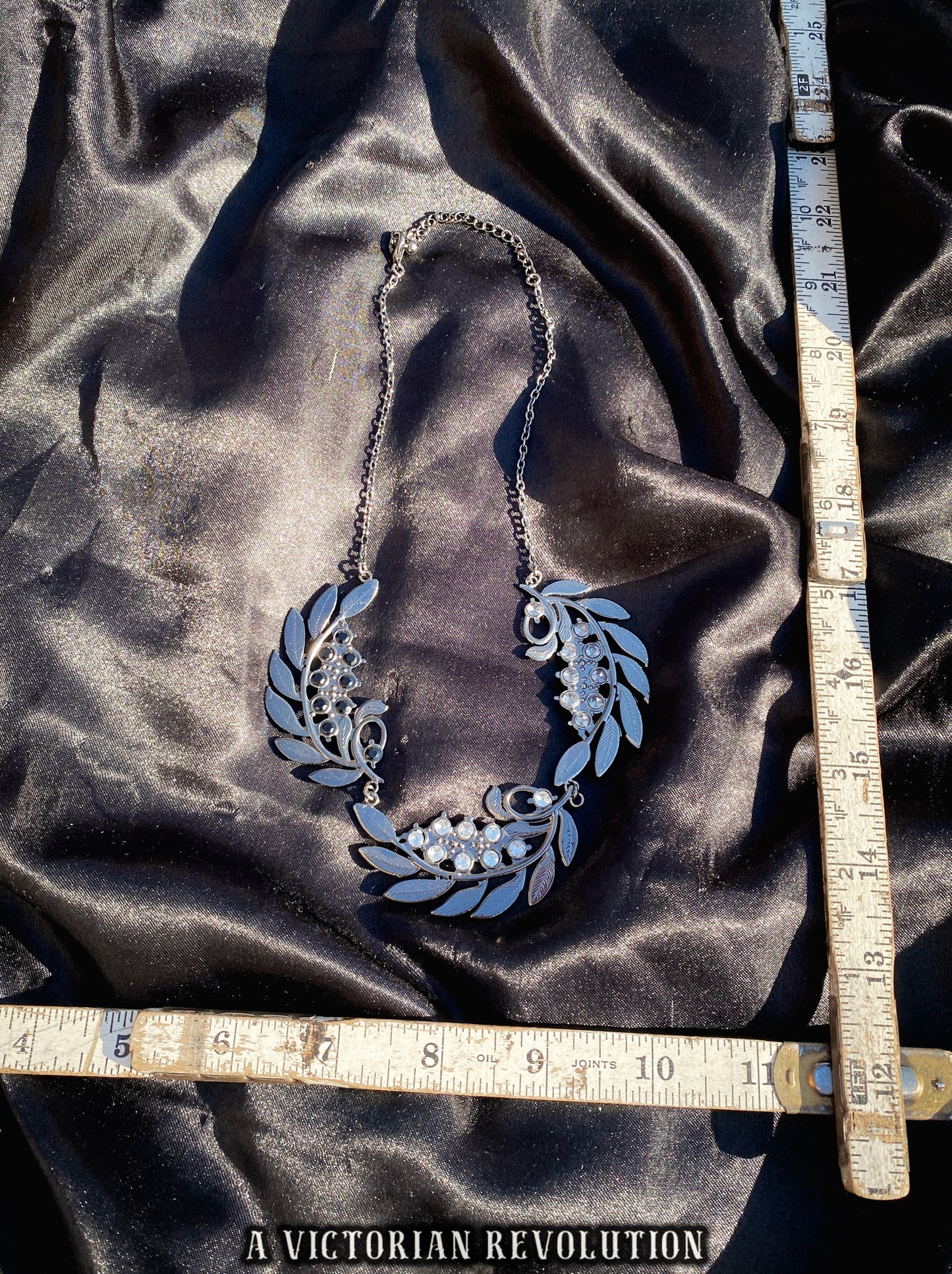 Silver Tone Botanical Leaf Necklace - Black and Clear Rhinestones, Nature Inspired Statement Piece