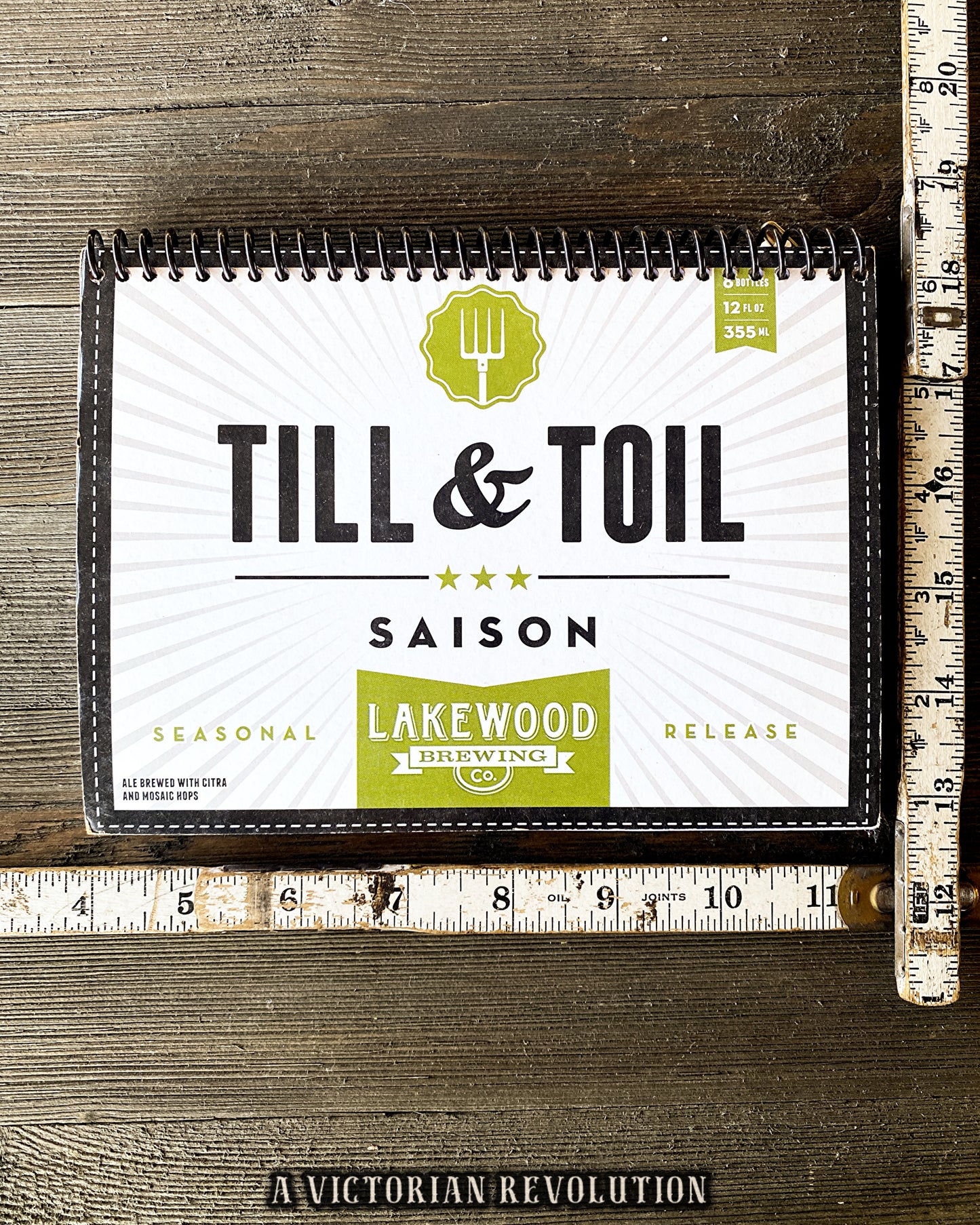 Upcycled Lakewood Brewing Till + Toil Saison Beer Packaging Spiral Notebook – Handmade Eco-Friendly Journal Featuring Citra and Mosaic Hops Graphics