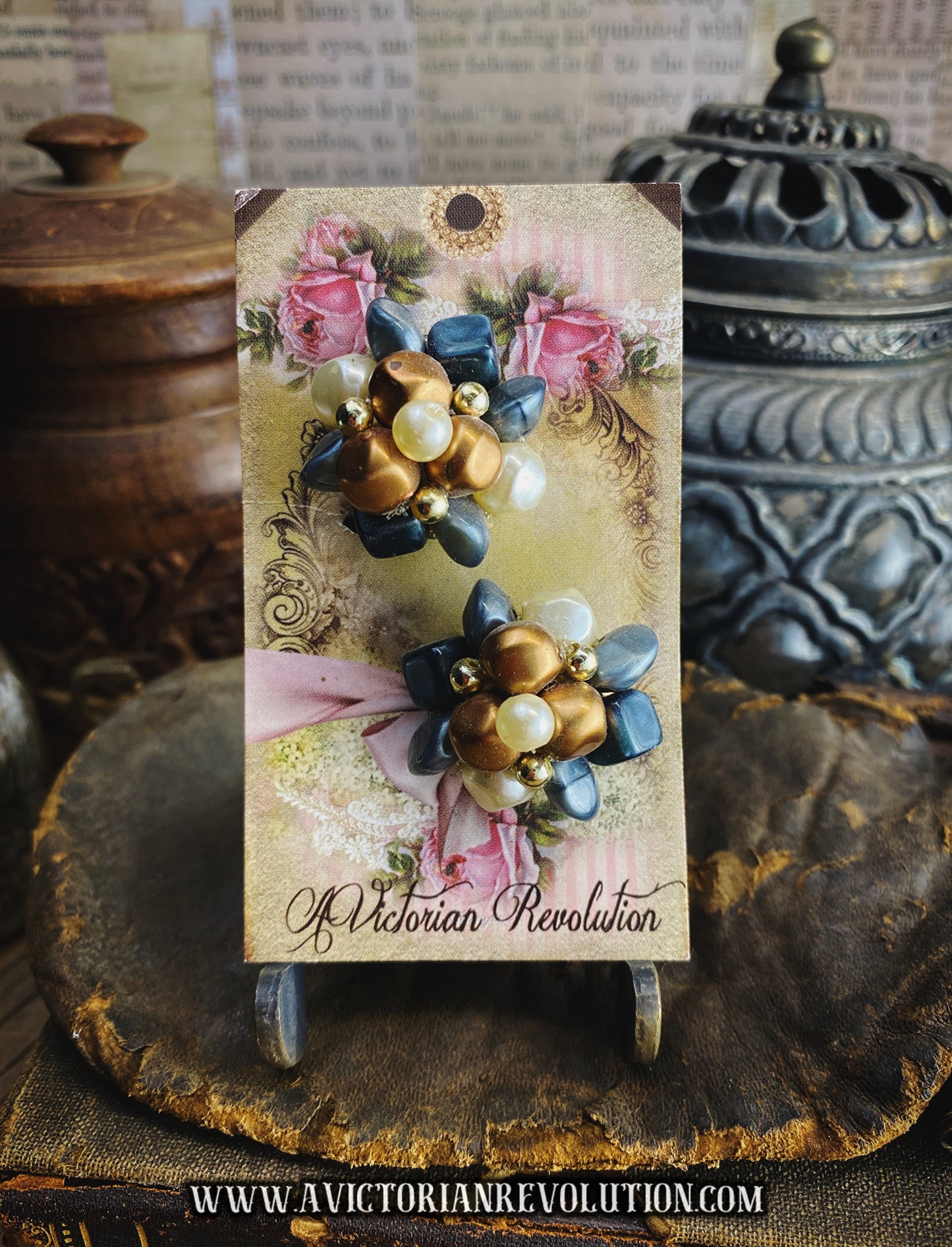 Mid-Century Cluster Earrings - Blue, Bronze, Cream - 1950s, 1960s - Vintage - Clip On