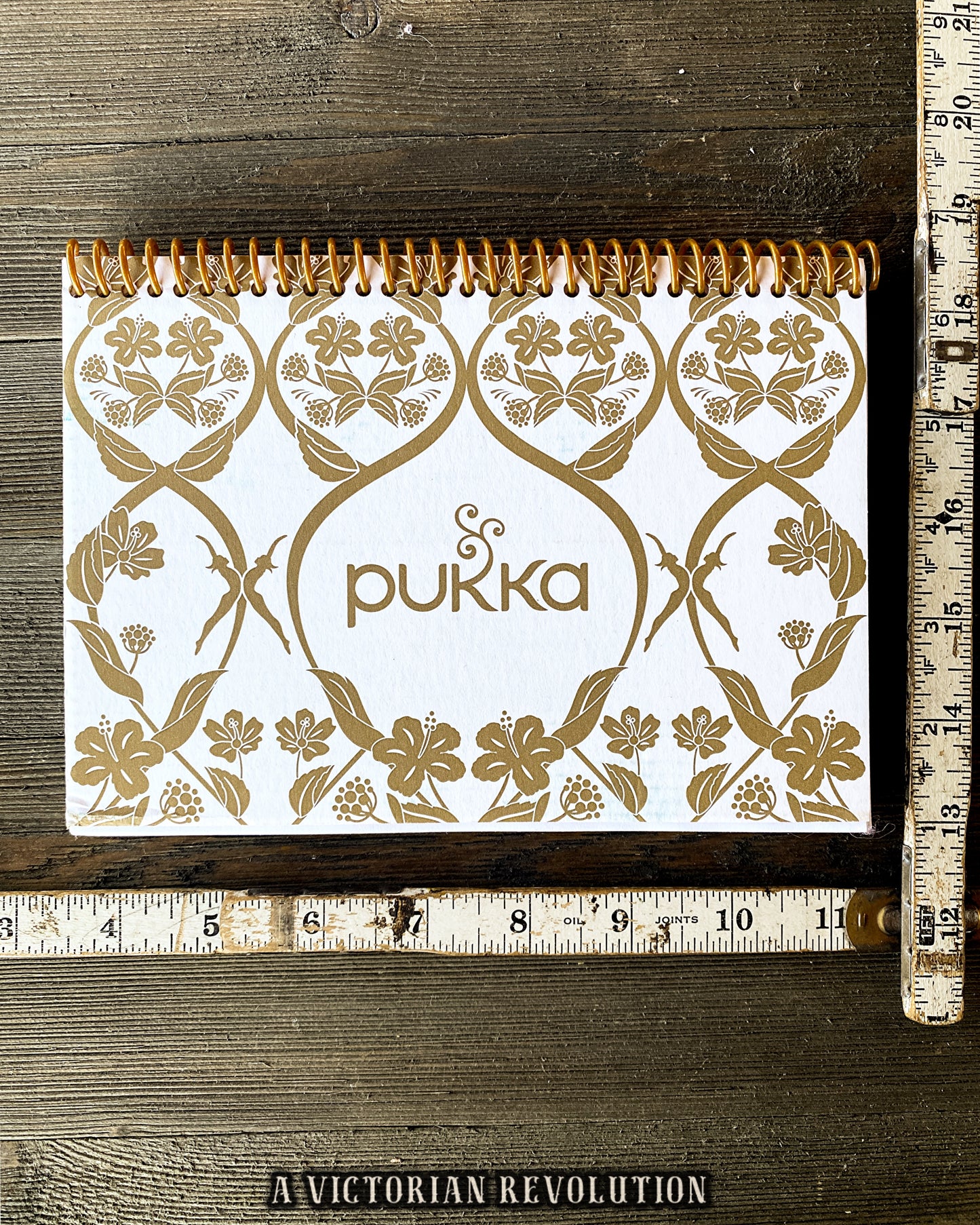 Upcycled Pukka Tea Floral Gold Spiral Notebook, Handmade Recycled Stationery Journal, Feminine Yoga Gift