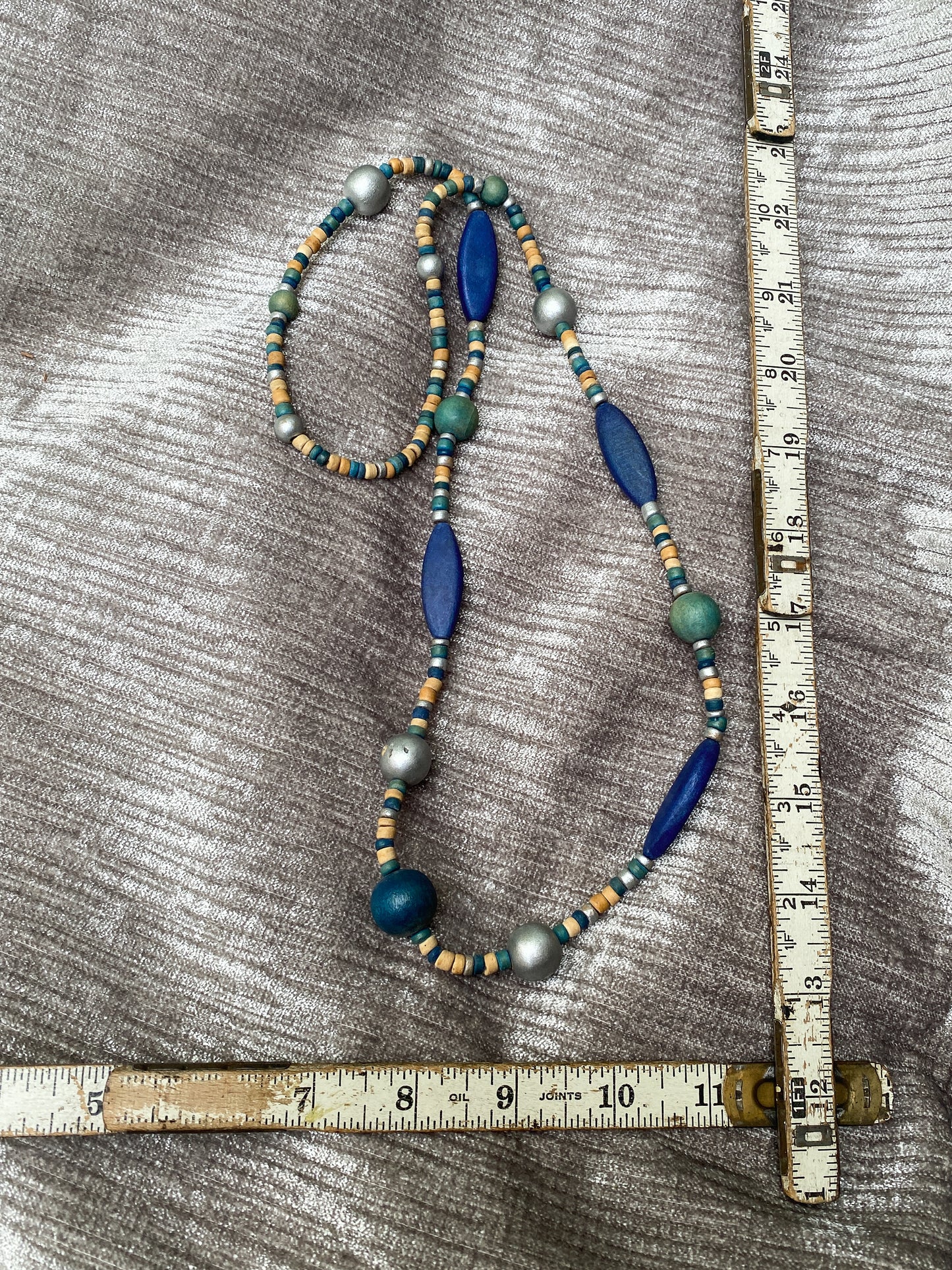 Cobalt Blue And Teal Painted Wood Chunky Bead Necklace - Long Strand Vintage Boho Jewelry